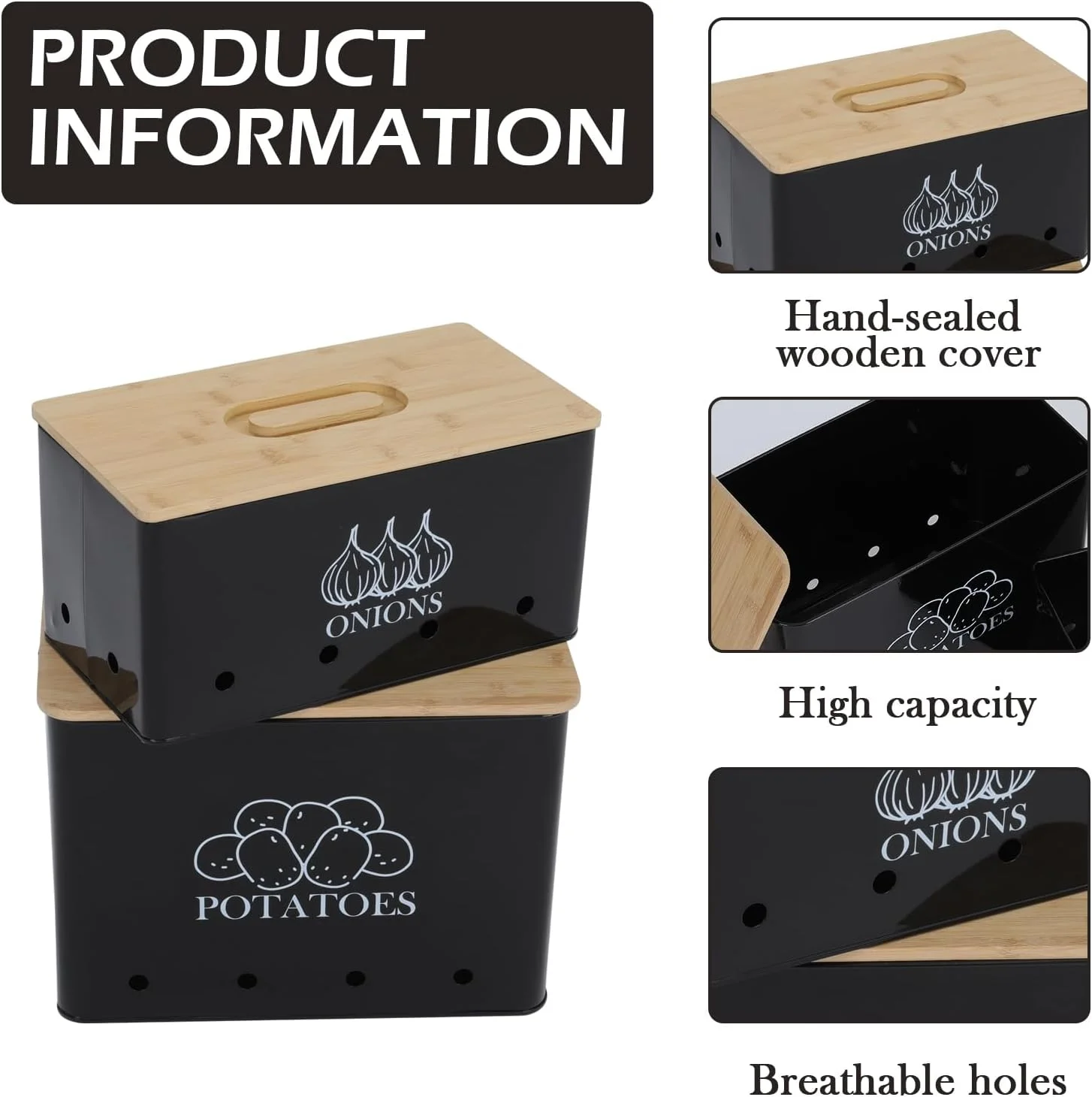 ظرف نگهداری سیب زمینی و پیاز Mowhut، محفظه نگهداری سیب زمینی با سوراخ های تهویه و درب چوبی، نگهدارنده سیب زمینی و پیاز، دکوراسیون خانه روستایی، سازمان دهنده نگهداری سبزیجات برای سیب زمینی پیاز سیر (مشکی)