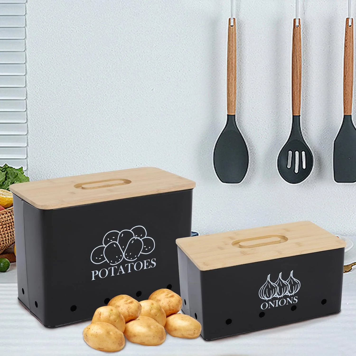 ظرف نگهداری سیب زمینی و پیاز Mowhut، محفظه نگهداری سیب زمینی با سوراخ های تهویه و درب چوبی، نگهدارنده سیب زمینی و پیاز، دکوراسیون خانه روستایی، سازمان دهنده نگهداری سبزیجات برای سیب زمینی پیاز سیر (مشکی)