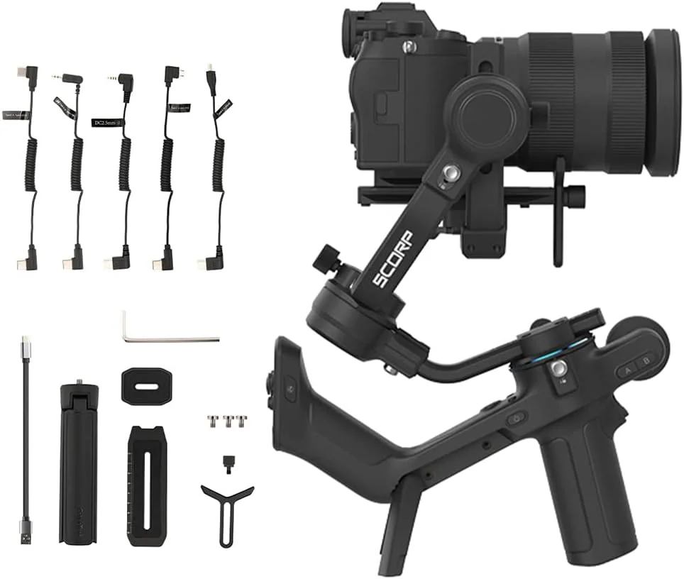لرزشگیر دوربین FeiyuTech SCORP-C، گیمبال دستی 3 محوره برای دوربین های DSLR و بدون آینه، تحمل وزن 2.5 کیلوگرم، سازگار با سونی، کانن، پاناسونیک، لومیکس، نیکون، فوجی فیلم، دارای گریپ، سبک وزن، کنترل دکمه ای