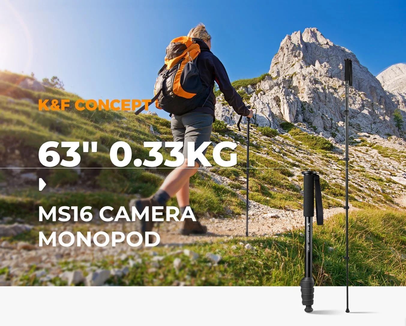 تک پایه دوربین و عصای پیاده روی و سلفی K&F Concept 160cm | 5 بخش، پیچ های نصب برگشت پذیر 1/4 و 3/8 اینچ | دسته فوم، آلومینیوم و ABS | تاشو 43 سانتی متر، وزن 330 گرم، تحمل وزن 10 کیلوگرم - KF09.138