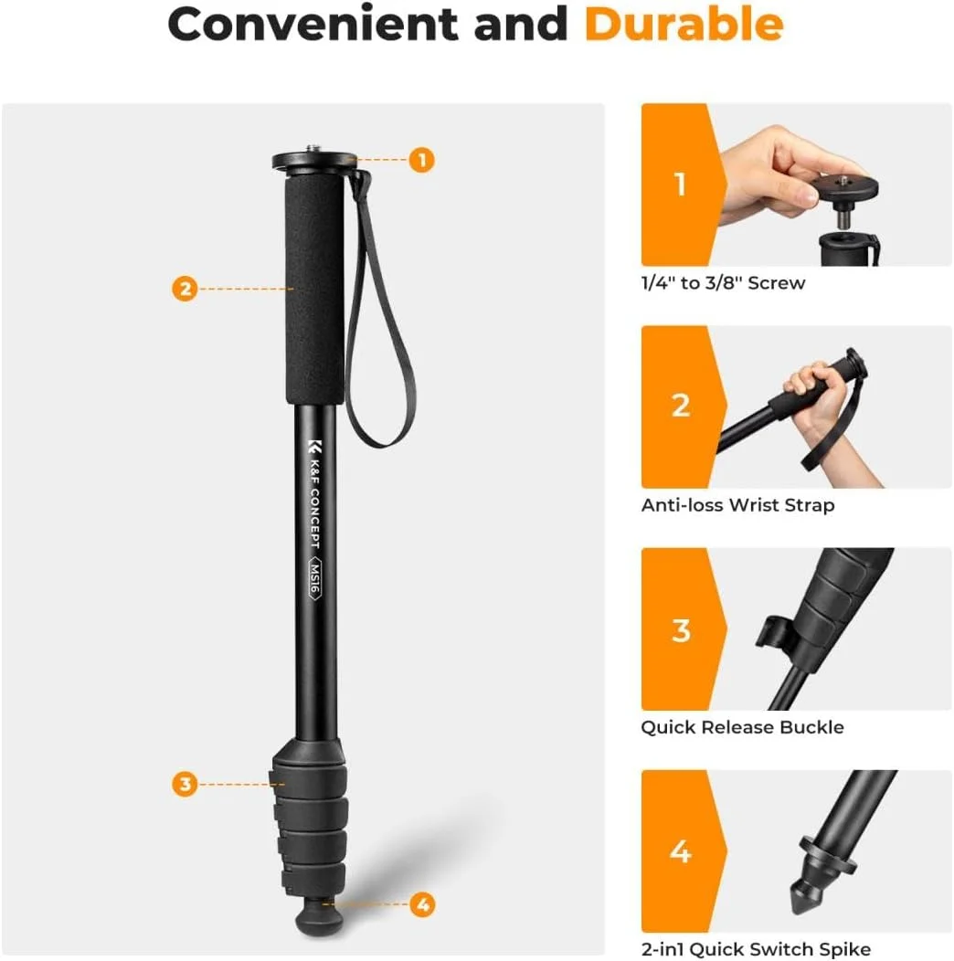 تک پایه دوربین و عصای پیاده روی و سلفی K&F Concept 160cm | 5 بخش، پیچ های نصب برگشت پذیر 1/4 و 3/8 اینچ | دسته فوم، آلومینیوم و ABS | تاشو 43 سانتی متر، وزن 330 گرم، تحمل وزن 10 کیلوگرم - KF09.138