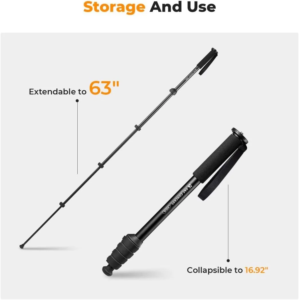 تک پایه دوربین و عصای پیاده روی و سلفی K&F Concept 160cm | 5 بخش، پیچ های نصب برگشت پذیر 1/4 و 3/8 اینچ | دسته فوم، آلومینیوم و ABS | تاشو 43 سانتی متر، وزن 330 گرم، تحمل وزن 10 کیلوگرم - KF09.138