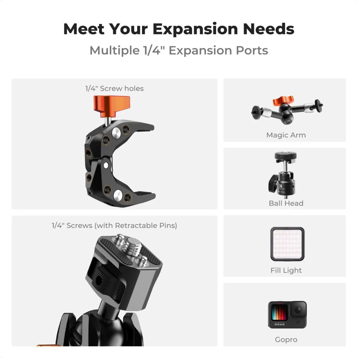 گیره سوپر K&F Concept مدل MS25 به همراه بازوی جادویی دو سر توپی | پیچ 1/4 اینچ و سرهای توپی دوگانه 360 درجه | برای دوربین های اکشن عکاسی، تولید ویدئو، نور و لوازم جانبی اضافی | تحمل وزن 1.5 کیلوگرم