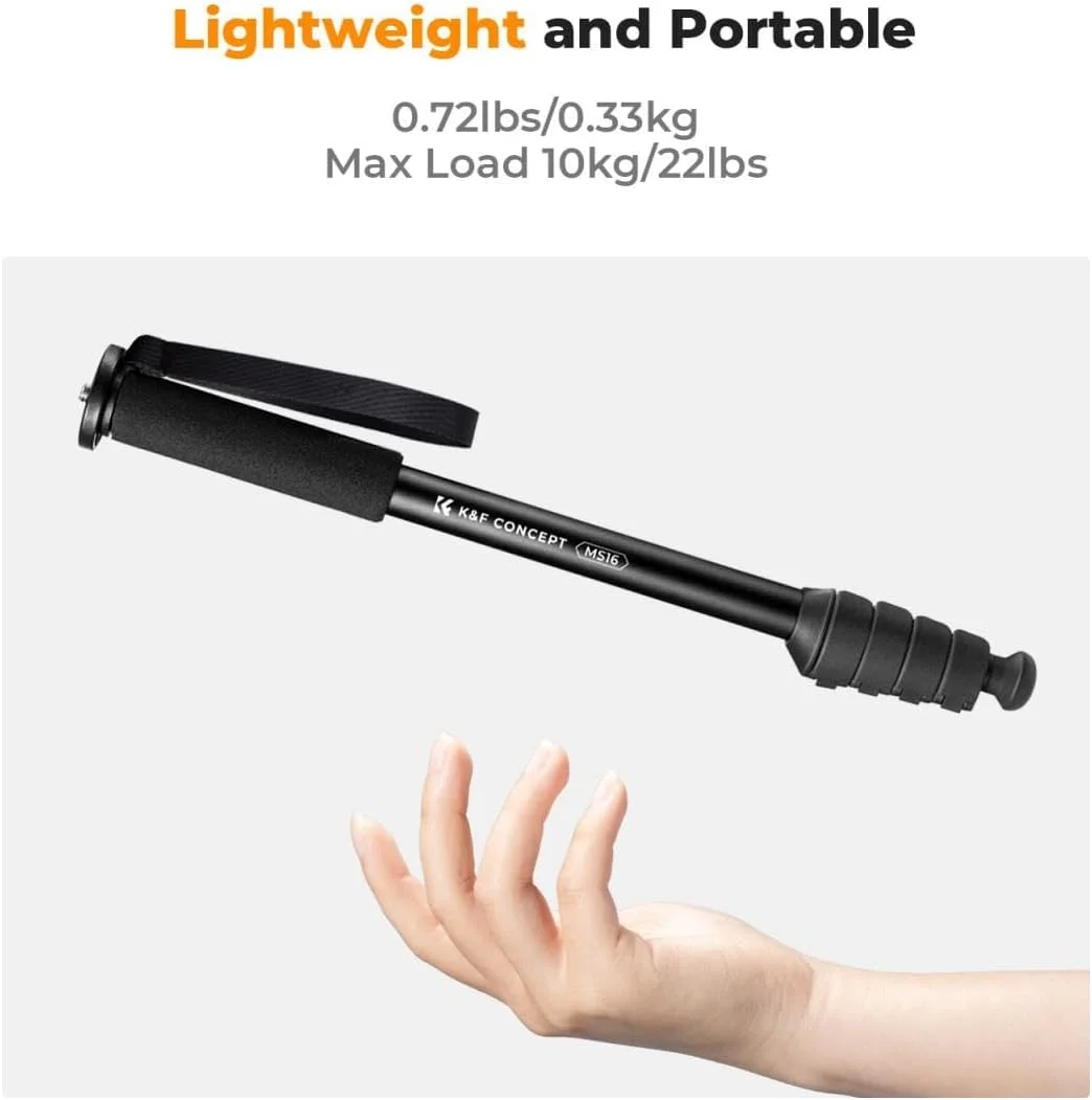 تک پایه دوربین و عصای پیاده روی و سلفی K&F Concept 160cm | 5 بخش، پیچ های نصب برگشت پذیر 1/4 و 3/8 اینچ | دسته فوم، آلومینیوم و ABS | تاشو 43 سانتی متر، وزن 330 گرم، تحمل وزن 10 کیلوگرم - KF09.138