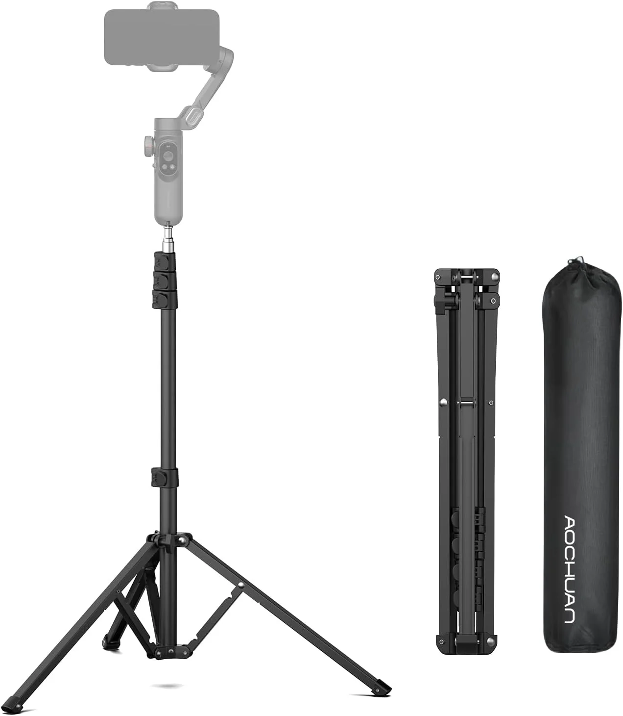 سه پایه AOCHUAN برای آیفون، سه پایه 67 اینچی تلفن همراه با کیف نگهداری برای دوربین با رابط پیچ 1/4، پایه سه پایه آیفون سازگار با دوربین های DSLR/تلفن های همراه/تثبیت کننده های گیمبال، حداکثر بار 8 کیلوگرم
