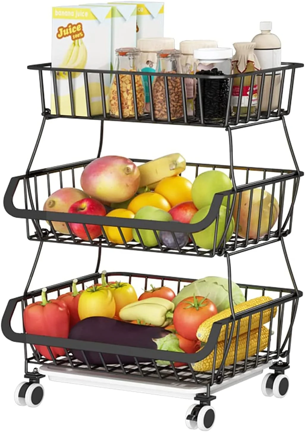 MDBZGD Fruit Basket for Kitchen, Wire Storage Basket with Wheels, Fruit and Vegetable Storage Cart, Vegetable Bins Rack for Onions and Potatoes,3 Tier