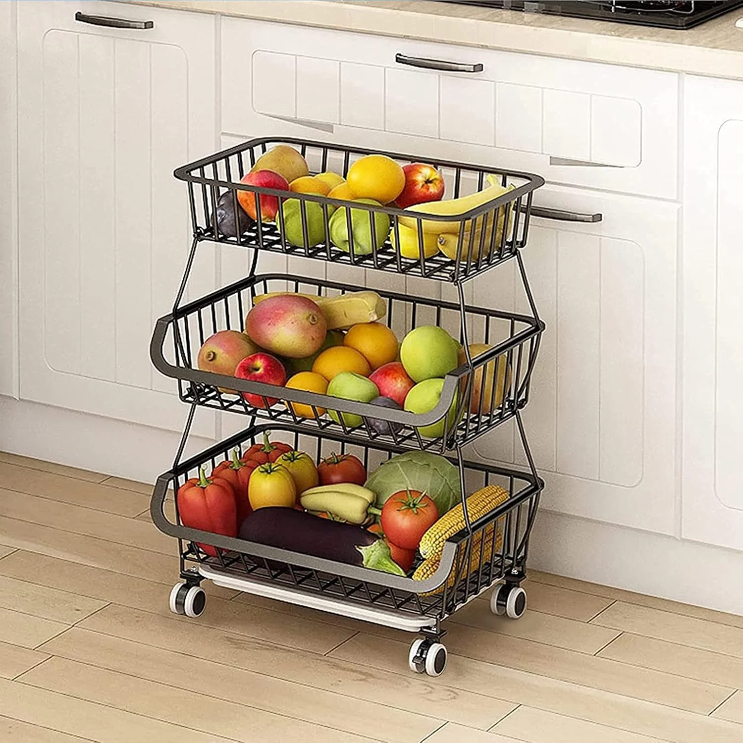 MDBZGD Fruit Basket for Kitchen, Wire Storage Basket with Wheels, Fruit and Vegetable Storage Cart, Vegetable Bins Rack for Onions and Potatoes,3 Tier MDBZGD Fruit Basket for Kitchen, Wire Storage Basket with Wheels, Fruit and Vegetable Storage Cart, Vegetable Bins Rack for Onions and Potatoes,3 Tier