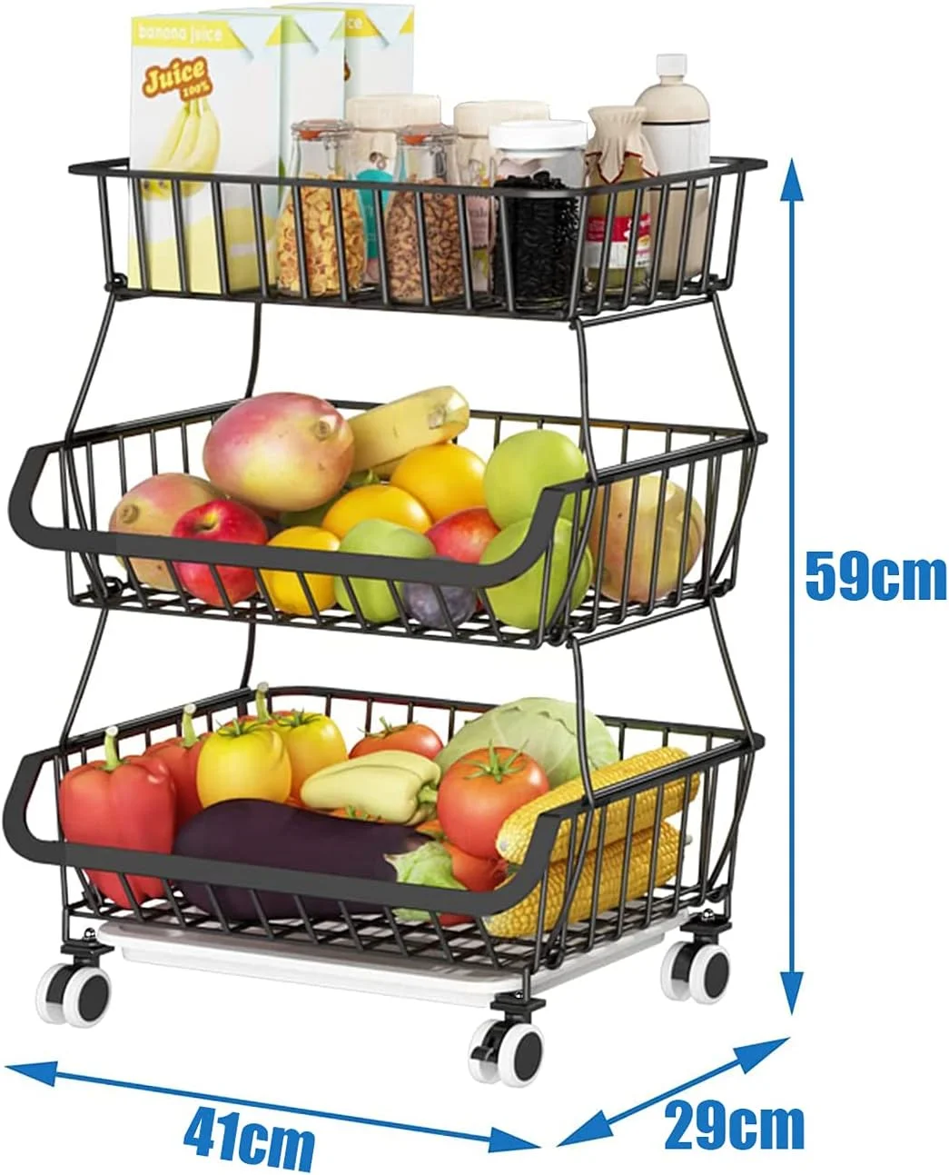 MDBZGD Fruit Basket for Kitchen, Wire Storage Basket with Wheels, Fruit and Vegetable Storage Cart, Vegetable Bins Rack for Onions and Potatoes,3 Tier MDBZGD Fruit Basket for Kitchen, Wire Storage Basket with Wheels, Fruit and Vegetable Storage Cart, Vegetable Bins Rack for Onions and Potatoes,3 Tier