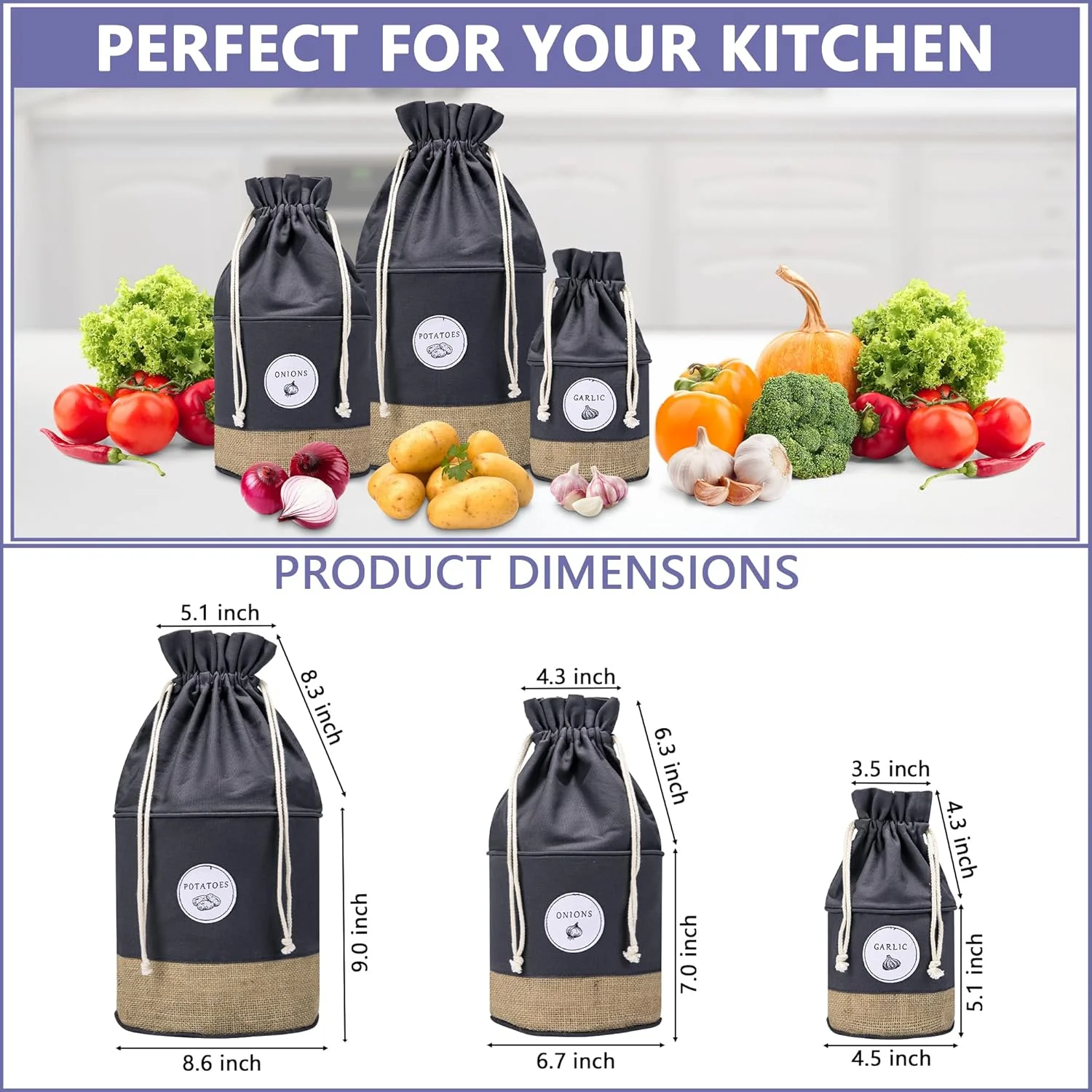 ظروف نگهداری سیب زمینی، پیاز و سیر Meraki Home - گلدان های سازماندهی آشپزخانه به سبک خانه های روستایی - سبدها و سطل های سبزیجات از جنس کنف و پنبه پایدار - نگهدارنده بند دار (خاکستری)