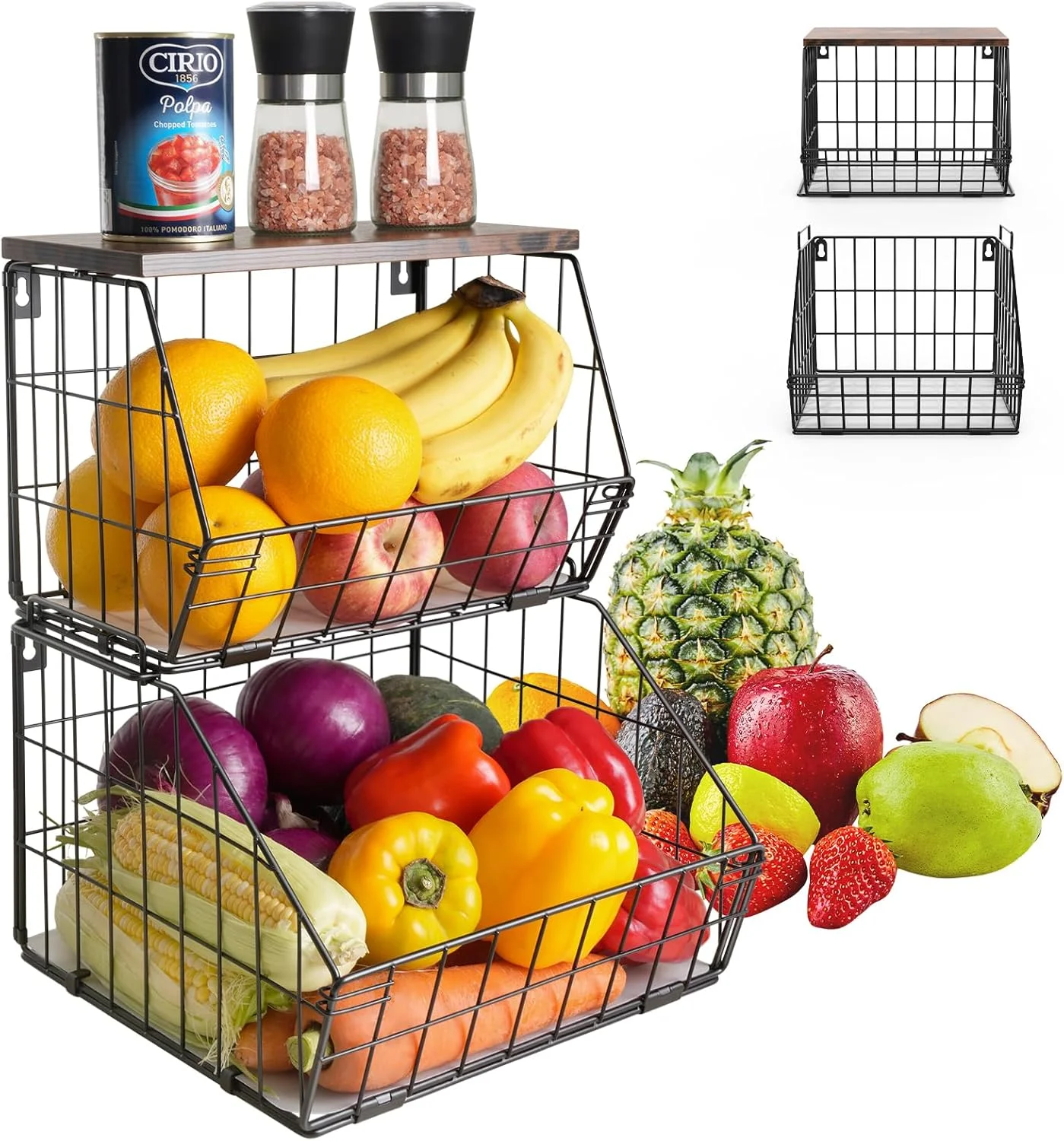 سبد میوه آویز Mefirt، بسته 2 عددی، سبد فلزی انبار پیاز و سیب زمینی، سبد سیمی قابل انباشت برای نگهداری میوه و سبزیجات، سازمان دهنده سبد آشپزخانه، مشکی