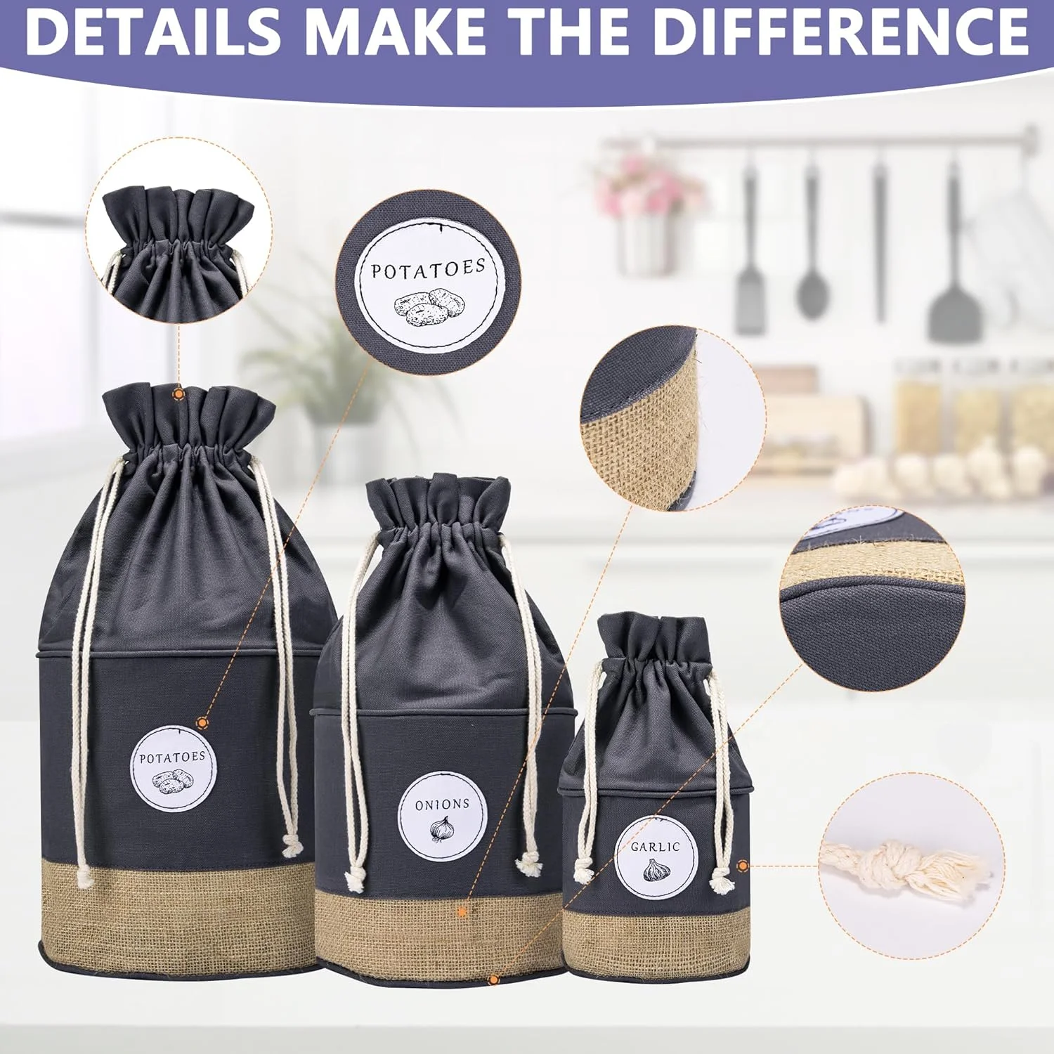 ظروف نگهداری سیب زمینی، پیاز و سیر Meraki Home - گلدان های سازماندهی آشپزخانه به سبک خانه های روستایی - سبدها و سطل های سبزیجات از جنس کنف و پنبه پایدار - نگهدارنده بند دار (خاکستری)