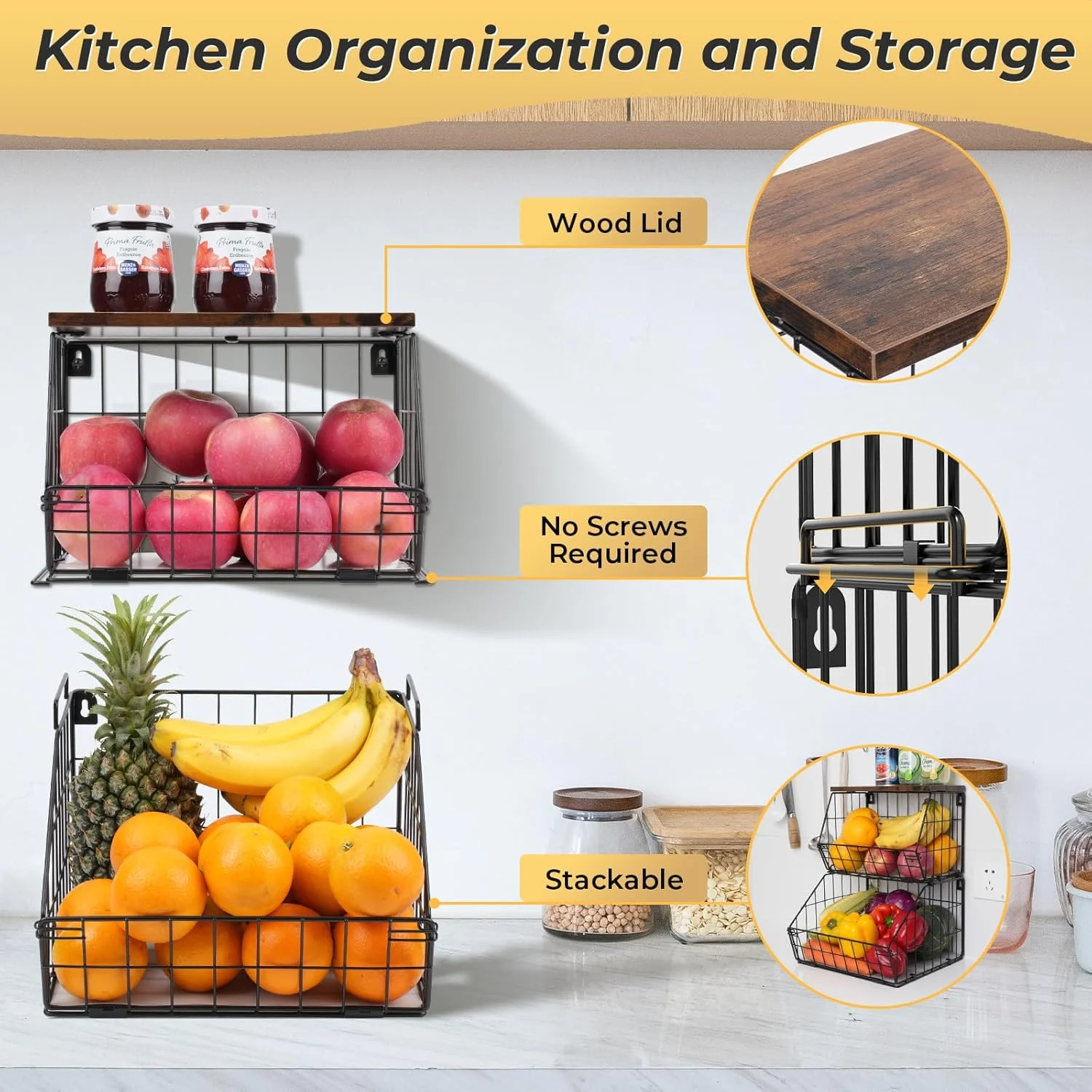 سبد میوه آویز Mefirt، بسته 2 عددی، سبد فلزی انبار پیاز و سیب زمینی، سبد سیمی قابل انباشت برای نگهداری میوه و سبزیجات، سازمان دهنده سبد آشپزخانه، مشکی