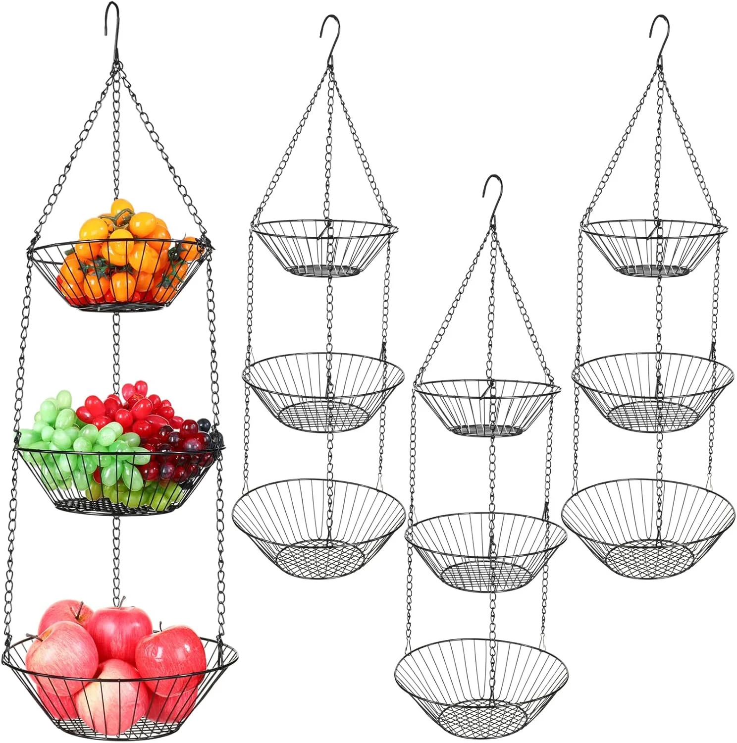 مکس دات، بسته 4 عددی سبد آویز 3 طبقه با زنجیر فلزی محکم، سبد میوه آویز برای آشپزخانه، ذخیره سازی سیم مفتولی سنگین برای سیب زمینی، پیاز، پرتقال، موز، لیمو ترش و لیمو شیرین