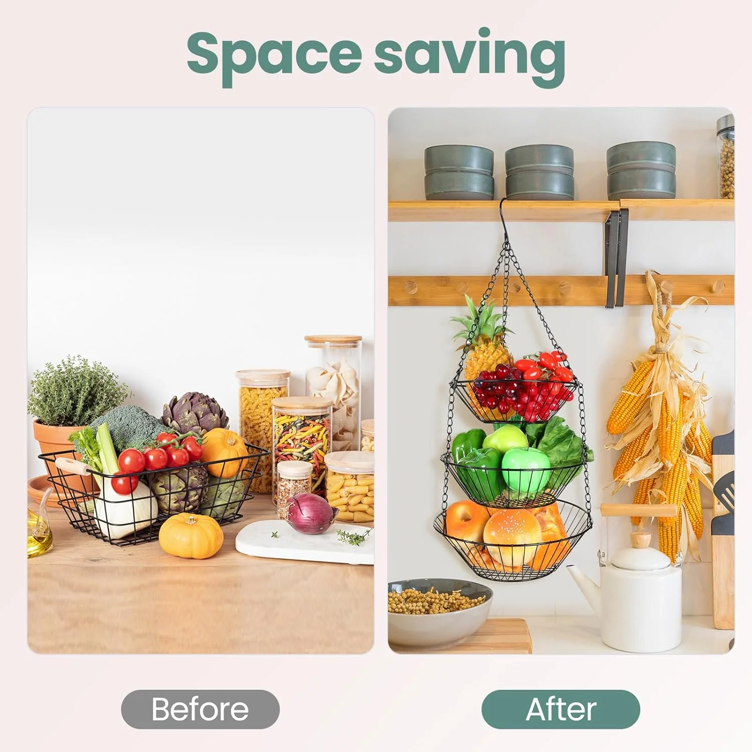 مکس دات، بسته 4 عددی سبد آویز 3 طبقه با زنجیر فلزی محکم، سبد میوه آویز برای آشپزخانه، ذخیره سازی سیم مفتولی سنگین برای سیب زمینی، پیاز، پرتقال، موز، لیمو ترش و لیمو شیرین