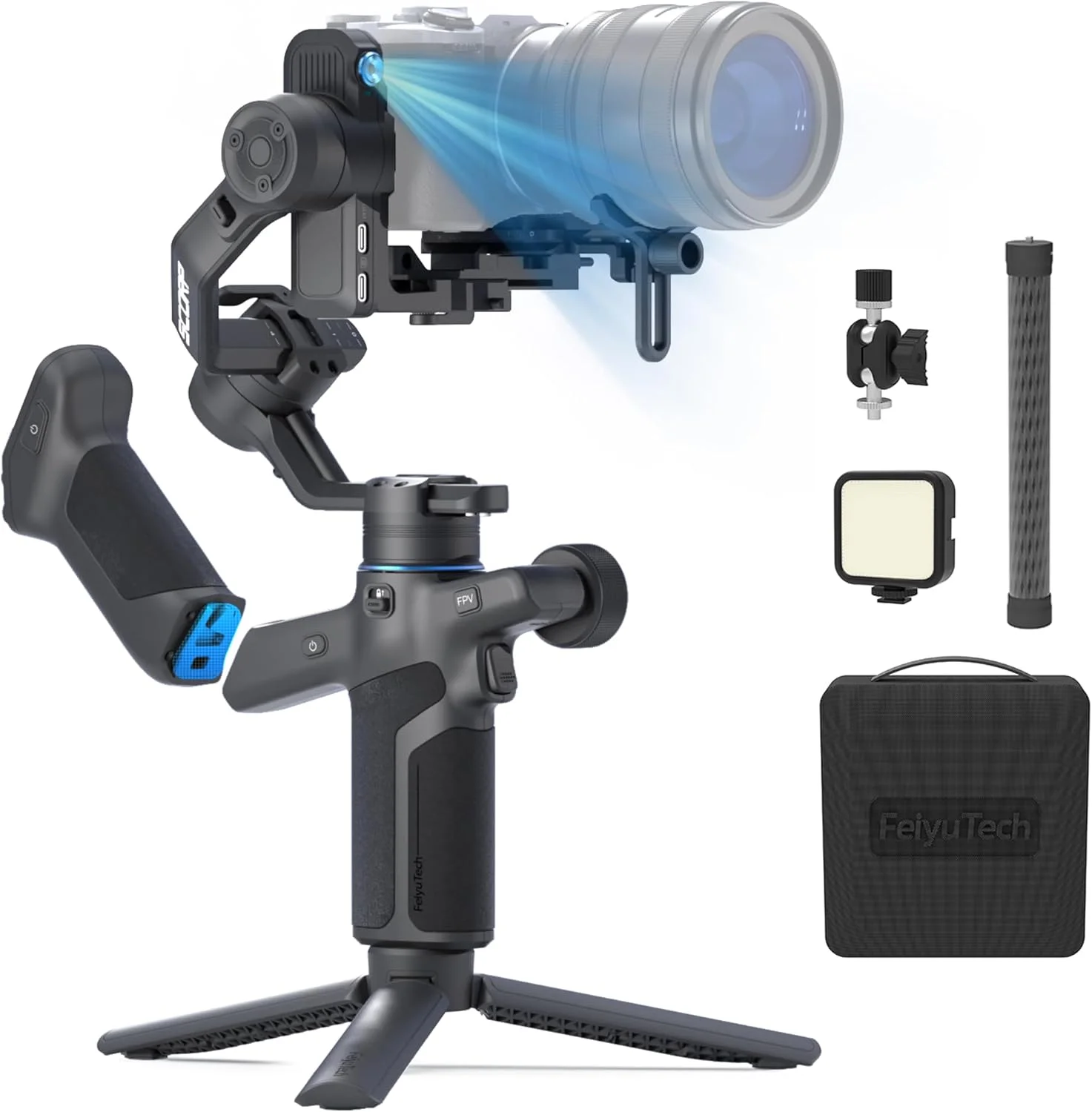 گیمبال تثبیت کننده 3 محوره Feiyutech SCORP Mini 3 Pro [Combo]، ردیابی هوش مصنوعی 4.0، دسته جداشدنی (کنترل بی سیم)، ظرفیت حمل 2 کیلوگرم، فیلمبرداری عمودی، پورت توسعه 1/4 اینچی