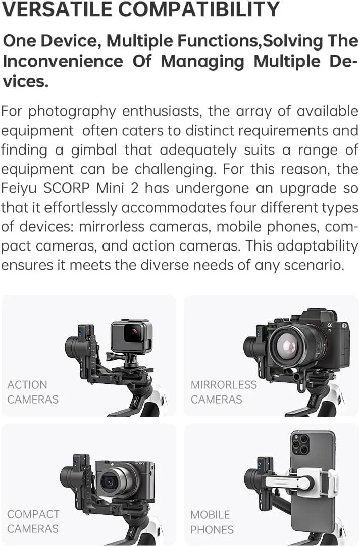 کیت گیمبال دوربین FeiyuTech Scorp Mini 2 با نور پرکننده/ردیابی هوش مصنوعی، گیمبال 3 محوره برای دوربین های بدون آینه و کامپکت، دوربین اکشن، تلفن هوشمند - حداکثر وزن قابل تحمل 1.2 کیلوگرم کیت گیمبال دوربین FeiyuTech Scorp Mini 2 با نور پرکننده/ردیابی هوش مصنوعی، گیمبال 3 محوره برای دوربین های بدون آینه و کامپکت، دوربین اکشن، تلفن هوشمند - حداکثر وزن قابل تحمل 1.2 کیلوگرم