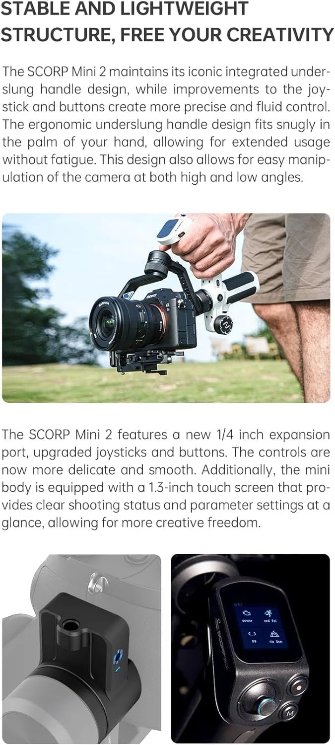 کیت گیمبال دوربین FeiyuTech Scorp Mini 2 با نور پرکننده/ردیابی هوش مصنوعی، گیمبال 3 محوره برای دوربین های بدون آینه و کامپکت، دوربین اکشن، تلفن هوشمند - حداکثر وزن قابل تحمل 1.2 کیلوگرم کیت گیمبال دوربین FeiyuTech Scorp Mini 2 با نور پرکننده/ردیابی هوش مصنوعی، گیمبال 3 محوره برای دوربین های بدون آینه و کامپکت، دوربین اکشن، تلفن هوشمند - حداکثر وزن قابل تحمل 1.2 کیلوگرم