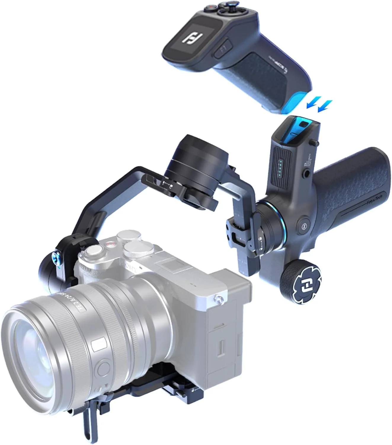 گیمبال استابلایزر همه کاره 3 محوره Feiyutech SCORP Mini 3 Pro، دارای هوش مصنوعی داخلی برای ردیابی 4.0، دسته جدا شونده، تحمل وزن 2 کیلوگرم، کنترل با اشاره، پورت توسعه 1/4 اینچی، مناسب برای دوربین و تلفن