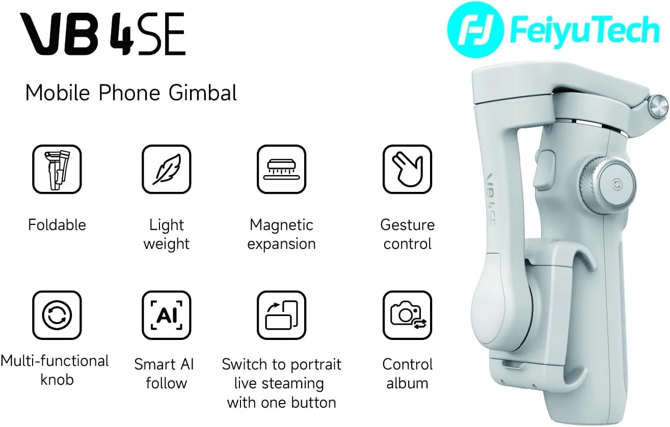 لرزشگیر گیمبال 3 محوره گوشی هوشمند FeiyuTech VB4SE برای آیفون و اندروید، گیمبال تاشو و جمع و جور برای ضبط ویدیو ولاگ، کنترل حرکتی و ردیابی سوژه لرزشگیر گیمبال 3 محوره گوشی هوشمند FeiyuTech VB4SE برای آیفون و اندروید، گیمبال تاشو و جمع و جور برای ضبط ویدیو ولاگ، کنترل حرکتی و ردیابی سوژه