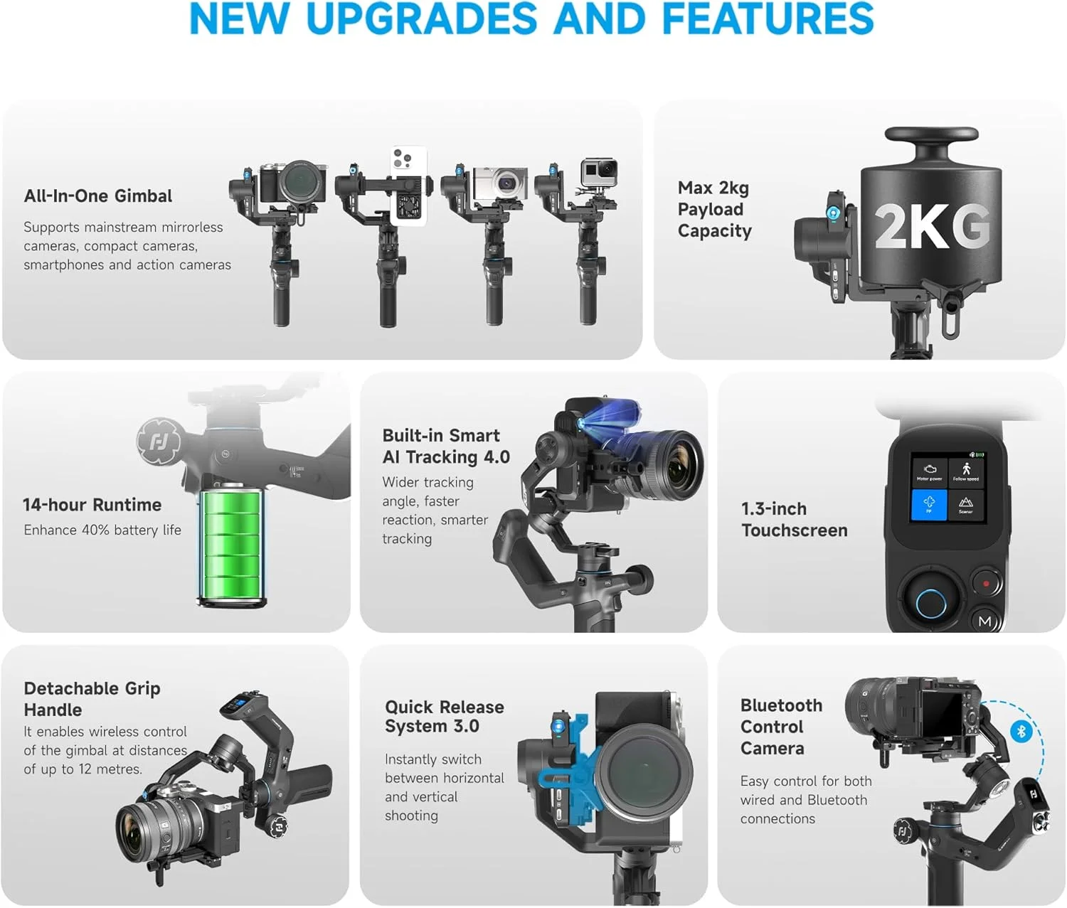 گیمبال استابلایزر همه کاره 3 محوره Feiyutech SCORP Mini 3 Pro، دارای هوش مصنوعی داخلی برای ردیابی 4.0، دسته جدا شونده، تحمل وزن 2 کیلوگرم، کنترل با اشاره، پورت توسعه 1/4 اینچی، مناسب برای دوربین و تلفن گیمبال استابلایزر همه کاره 3 محوره Feiyutech SCORP Mini 3 Pro، دارای هوش مصنوعی داخلی برای ردیابی 4.0، دسته جدا شونده، تحمل وزن 2 کیلوگرم، کنترل با اشاره، پورت توسعه 1/4 اینچی، مناسب برای دوربین و تلفن