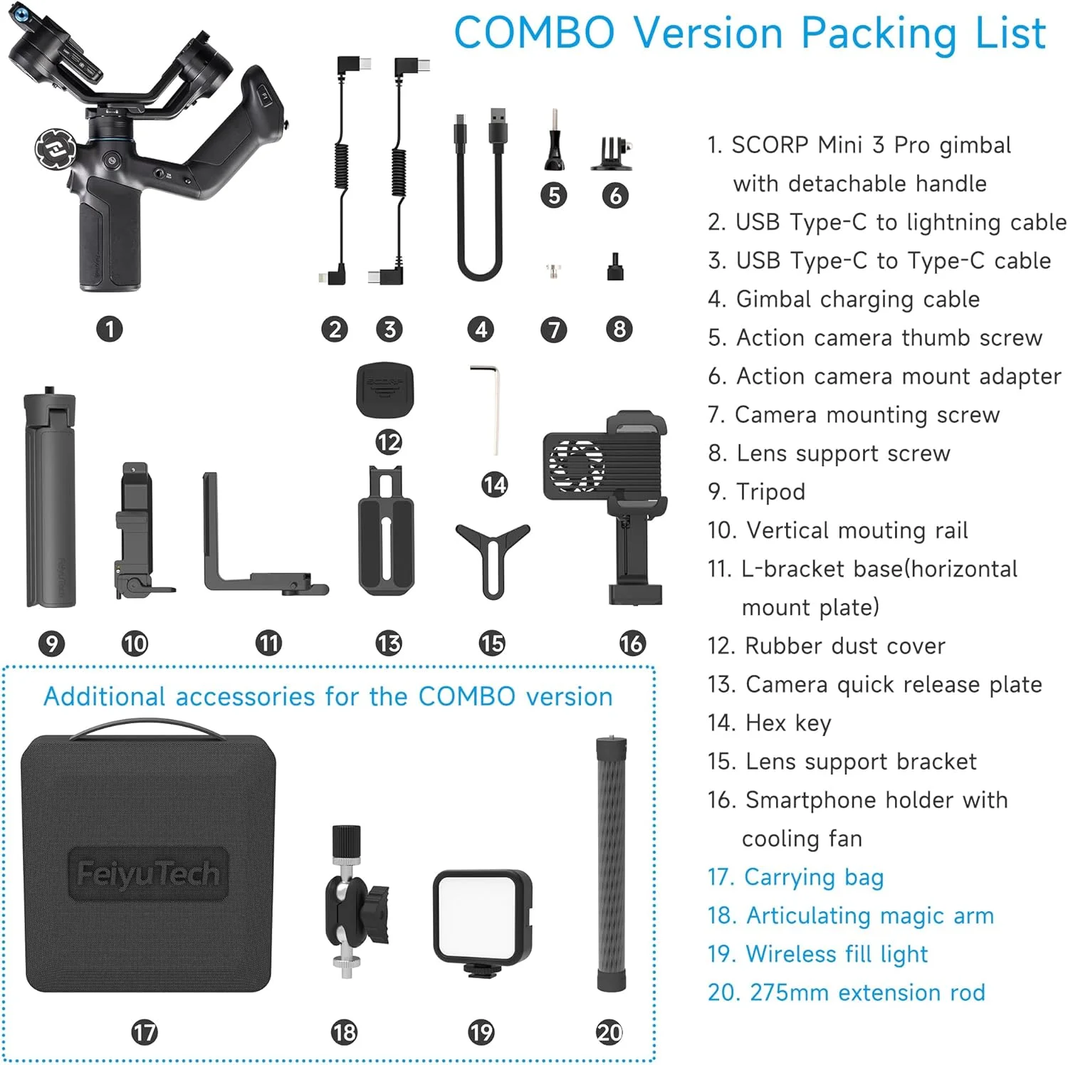 گیمبال تثبیت کننده 3 محوره Feiyutech SCORP Mini 3 Pro [Combo]، ردیابی هوش مصنوعی 4.0، دسته جداشدنی (کنترل بی سیم)، ظرفیت حمل 2 کیلوگرم، فیلمبرداری عمودی، پورت توسعه 1/4 اینچی