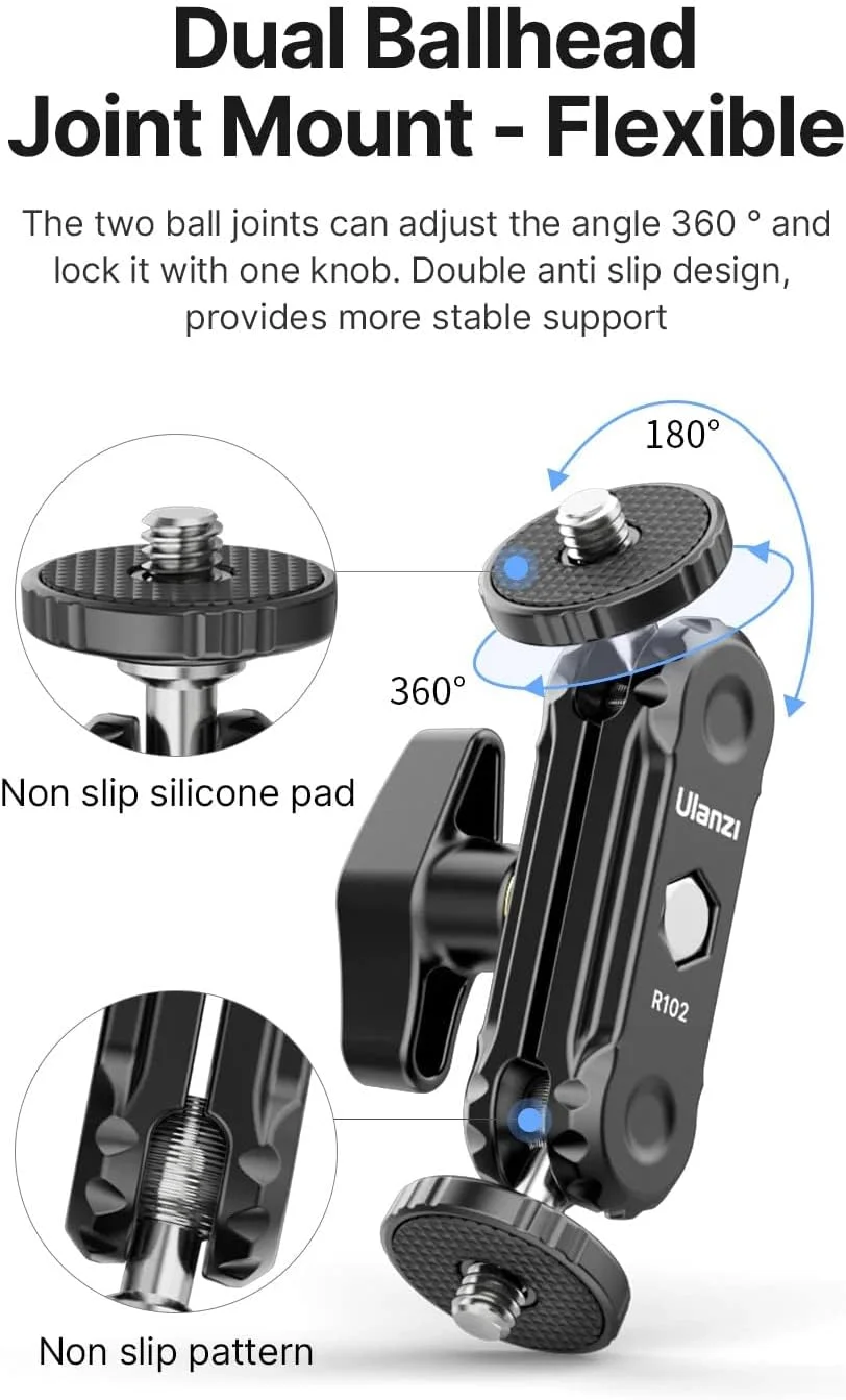 Ulanzi R102 بازوی جادویی دو سر توپی با آداپتور اصطکاکی، با پیچ ¼ اینچی برای دوربین، مانیتور، گیمبال، نور (2 عدد، آلومینیومی)