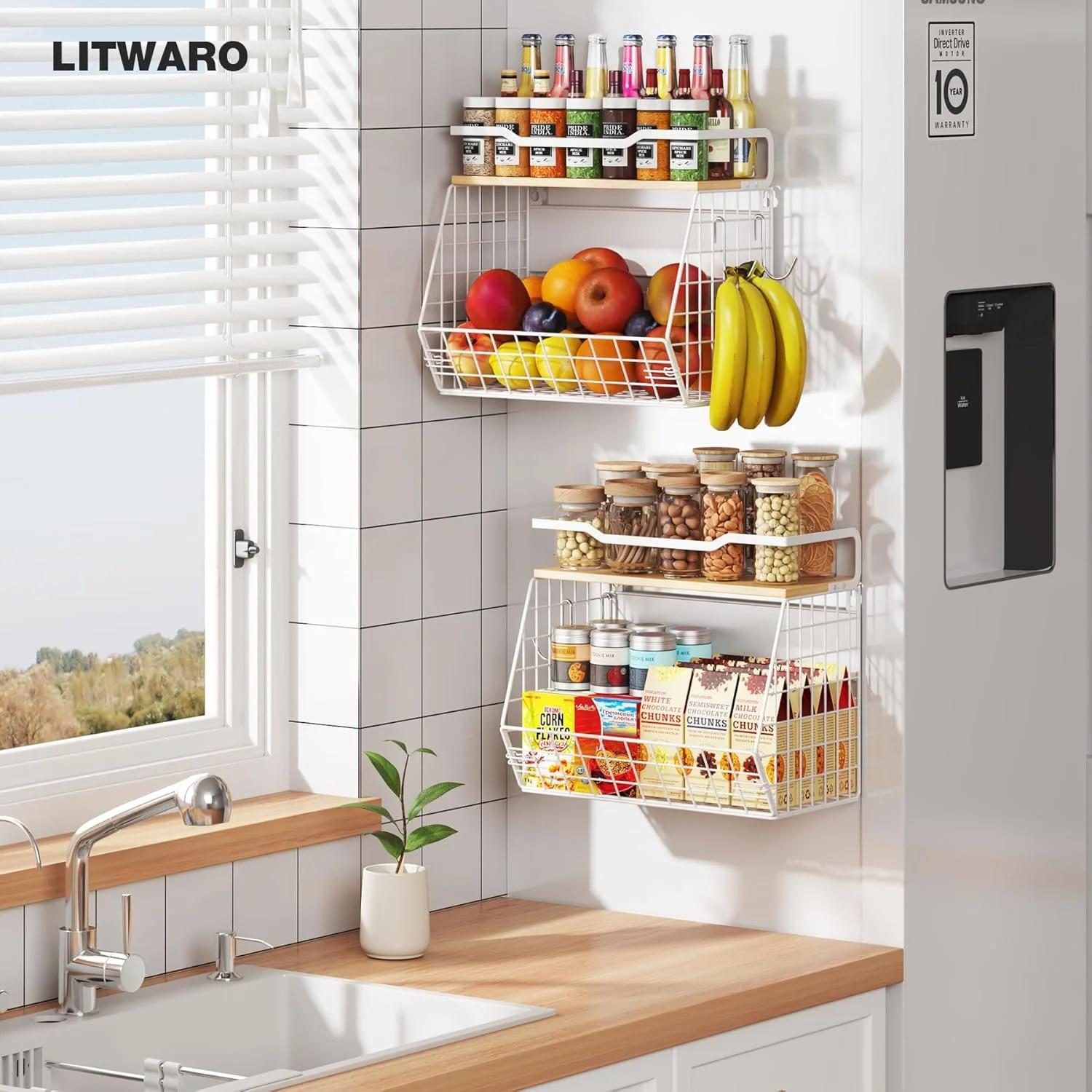 بسته 2 عددی قفسه مغناطیسی برای یخچال با آهنربای پهن تر و ضخیم تر، سبد ذخیره سازی سازمان دهنده یخچال برای میوه، پیاز، سیب زمینی، قفسه ادویه، آشپزخانه، لباسشویی، انبار (سفید، 35x17x30 سانتی متر)