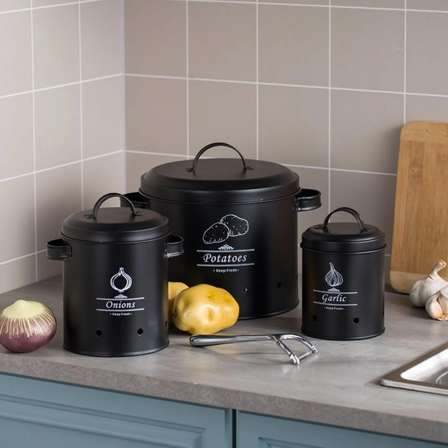 ظرف نگهداری سیب زمینی و پیاز Marhynchus سازگار با محیط زیست، قوطی فولادی کربنی برای آشپزخانه، ست 3 عددی نگهدارنده، ظرف رومیزی، سازمان دهنده (مشکی)