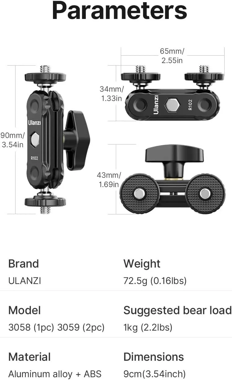 Ulanzi R102 بازوی جادویی دو سر توپی با آداپتور اصطکاکی، با پیچ ¼ اینچی برای دوربین، مانیتور، گیمبال، نور (2 عدد، آلومینیومی)