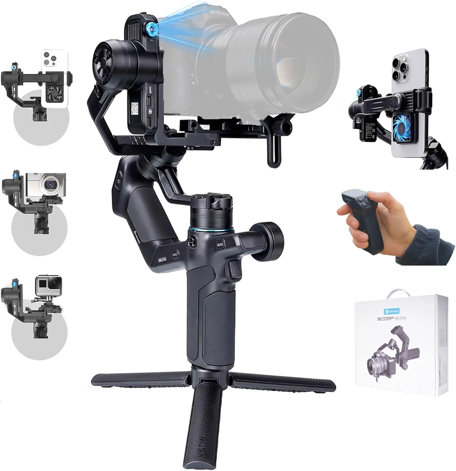 لرزشگیر دوربین FeiyuTech SCORP Mini 3 Pro با قابلیت ردیابی هوش مصنوعی، تحمل وزن 2 کیلوگرم، دسته جداشدنی، گیمبال دستی 3 محوره برای سونی/کانن/نیکون/پاناسونیک/گوپرو/تلفن هوشمند