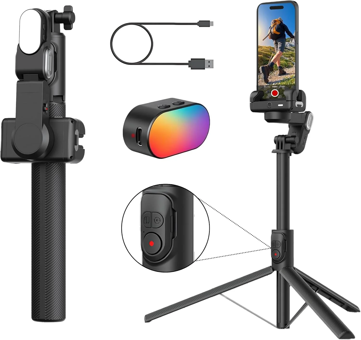 گیمبال موبایل Aochuan M2 Pro، تثبیت کننده ویدئو، مونوپاد و سه پایه، ردیابی بدن با هوش مصنوعی، نور مغناطیسی، گیمبال تاشو و قابل حمل آیفون و اندروید برای ولاگ، یوتیوب، تیک تاک و ویدیوهای اینستاگرام