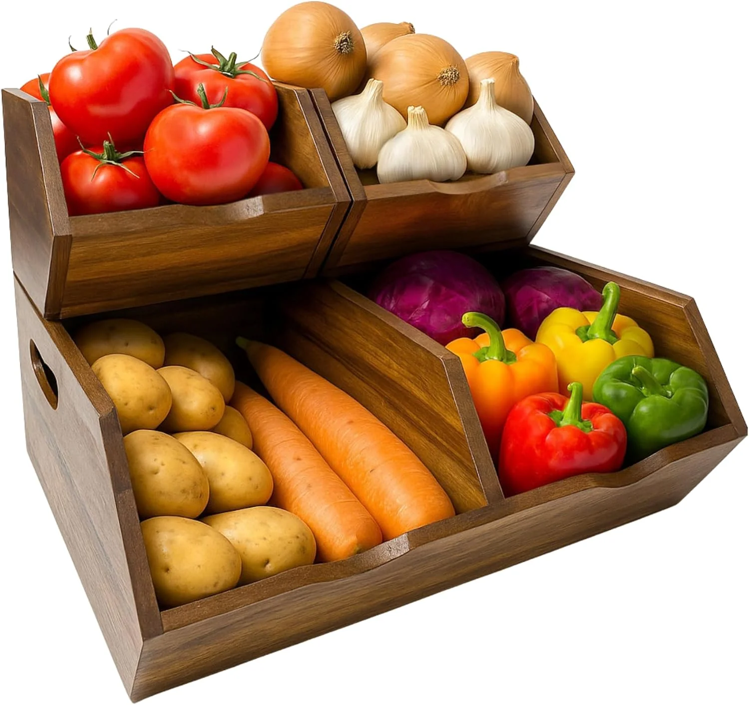 ظروف ذخیره سازی چوبی آکاسیا LUSHZLUMBERA - سبد ذخیره سازی سیب زمینی و پیاز با جلوی باز و قابلیت چیدن - سازمان دهنده سبزیجات، میوه و نان، سبد ذخیره سازی چوبی با زیرانداز ضد لغزش.