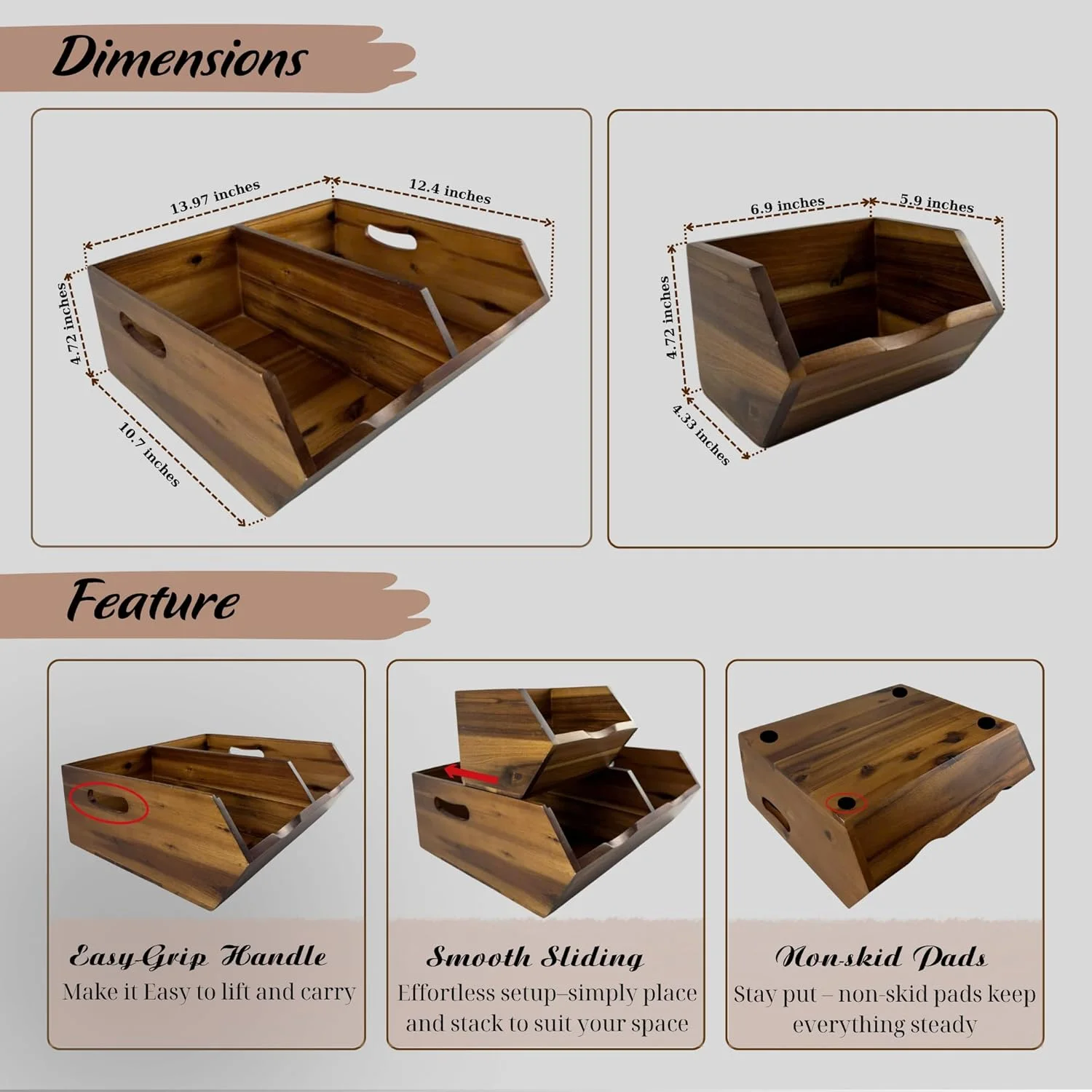 ظروف ذخیره سازی چوبی آکاسیا LUSHZLUMBERA - سبد ذخیره سازی سیب زمینی و پیاز با جلوی باز و قابلیت چیدن - سازمان دهنده سبزیجات، میوه و نان، سبد ذخیره سازی چوبی با زیرانداز ضد لغزش.