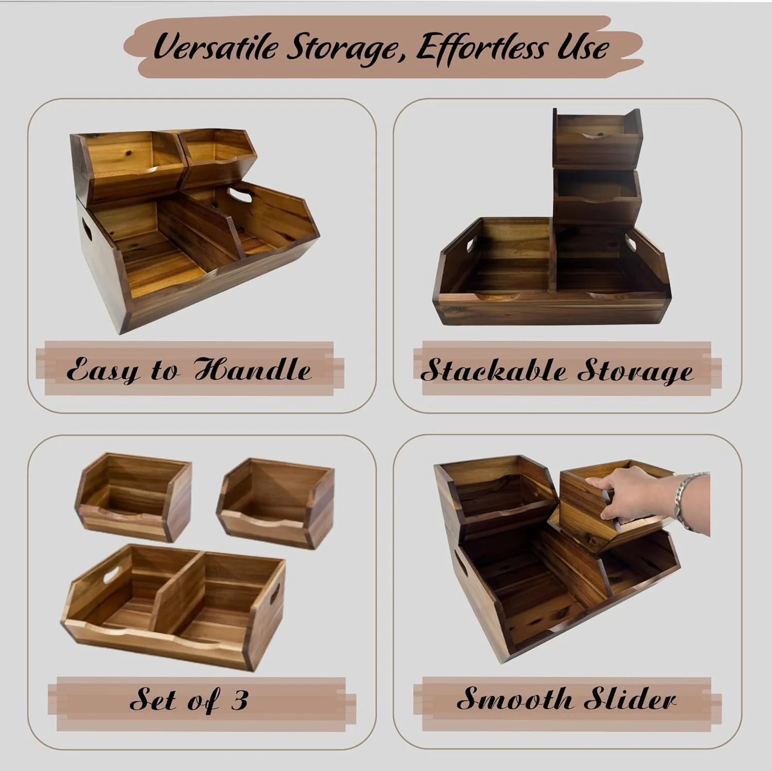 ظروف ذخیره سازی چوبی آکاسیا LUSHZLUMBERA - سبد ذخیره سازی سیب زمینی و پیاز با جلوی باز و قابلیت چیدن - سازمان دهنده سبزیجات، میوه و نان، سبد ذخیره سازی چوبی با زیرانداز ضد لغزش.