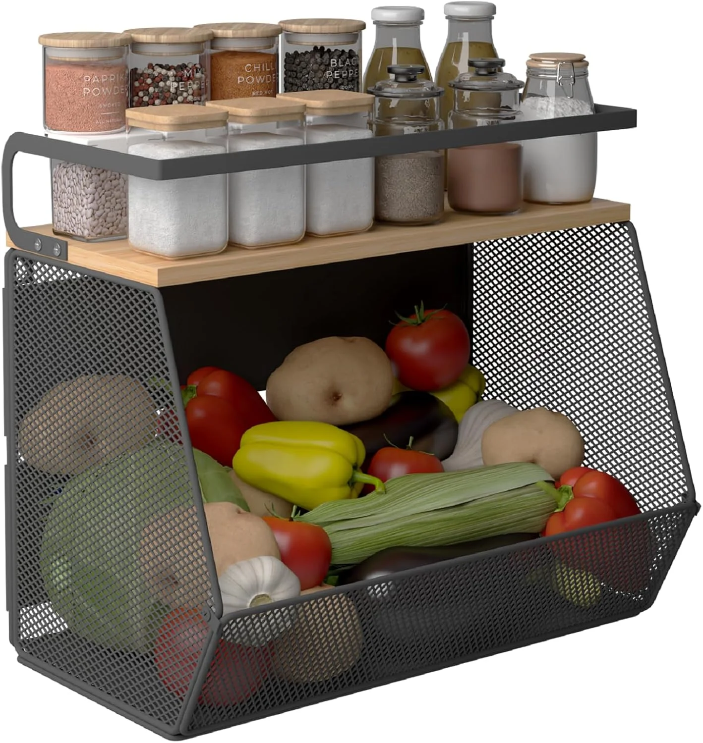 قفسه مغناطیسی یخچال با آهنربای پهن و ضخیم، 1 عدد سبد سازمان دهنده یخچال با رویه بامبو، مناسب برای نگهداری میوه، سیب زمینی، پیاز، آشپزخانه، انبار، رختشویی (مشکی، متوسط)