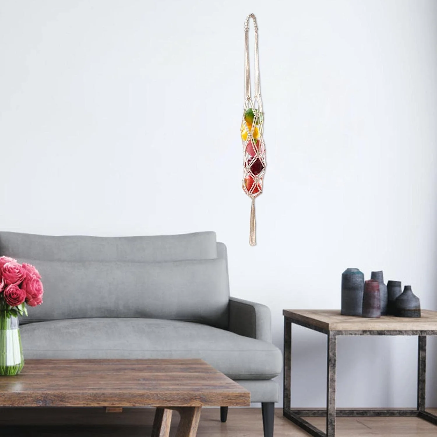 سبد میوه دیواری مکرومه | سبد بوهو برای نگهداری سیب زمینی، سبد میوه برای نگهداری سیب زمینی، پیاز و میوه، سبد دیواری مکرومه، بوهو