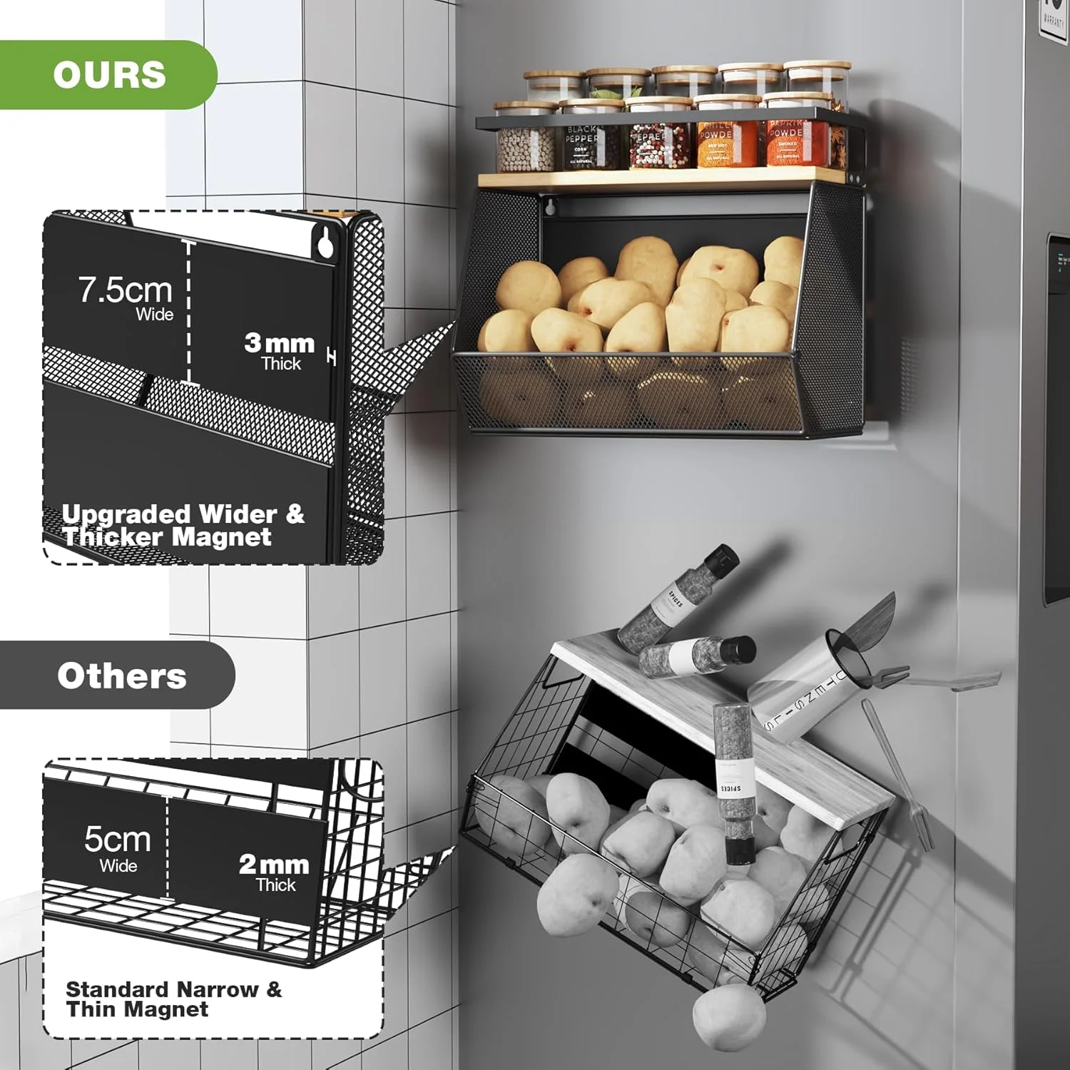 قفسه مغناطیسی یخچال با آهنربای پهن و ضخیم، 1 عدد سبد سازمان دهنده یخچال با رویه بامبو، مناسب برای نگهداری میوه، سیب زمینی، پیاز، آشپزخانه، انبار، رختشویی (مشکی، متوسط)