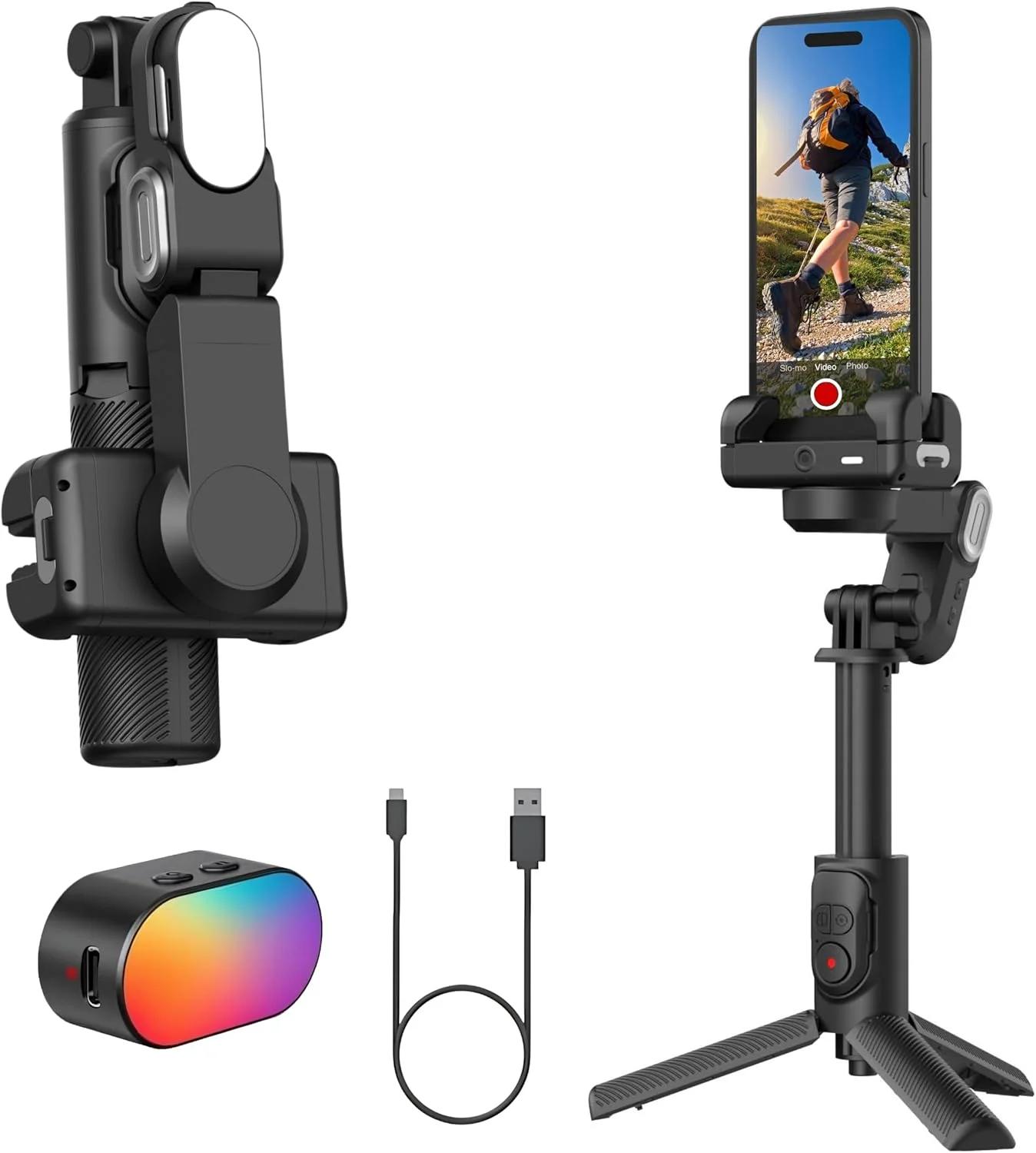 لرزشگیر موبایل آوچوان M1 Pro، استابلایزر ویدئو، سلفی استیک و سه‌پایه، ردیابی بدن هوش مصنوعی، چراغ مغناطیسی، گیمبال تاشو و قابل حمل آیفون اندروید برای ولاگ، یوتیوب، تیک‌تاک و ویدئوهای اینستاگرام