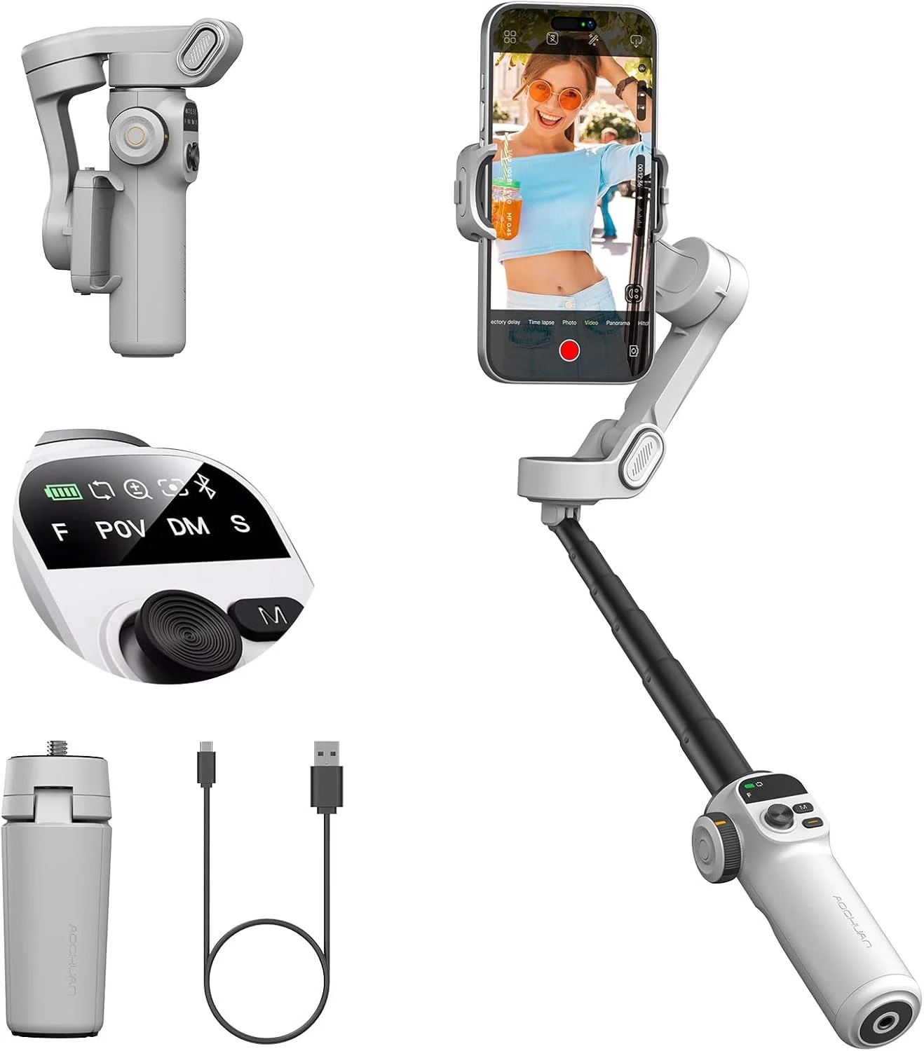 لرزشگیر گیمبال AOCHUAN Smart X2 برای آیفون، دارای میله تلسکوپی داخلی 20 سانتی‌متری، گیمبال تثبیت کننده 3 محوره تلفن همراه، گیمبال تاشو با قابلیت ردیابی تلفن همراه و نمایشگر OLED، مناسب برای ضبط ویدیو، سفید