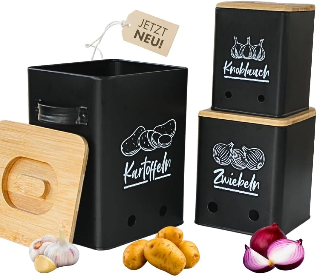 جعبه نگهداری سیب زمینی Lodgine® [مجموعه 3 عددی] - یک وسیله چشم نواز واقعی در آشپزخانه شما. - با این مجموعه ظروف نگهداری شیک نظم ایجاد کنید و الهام بخش دوستان و خانواده باشید... (مشکی)