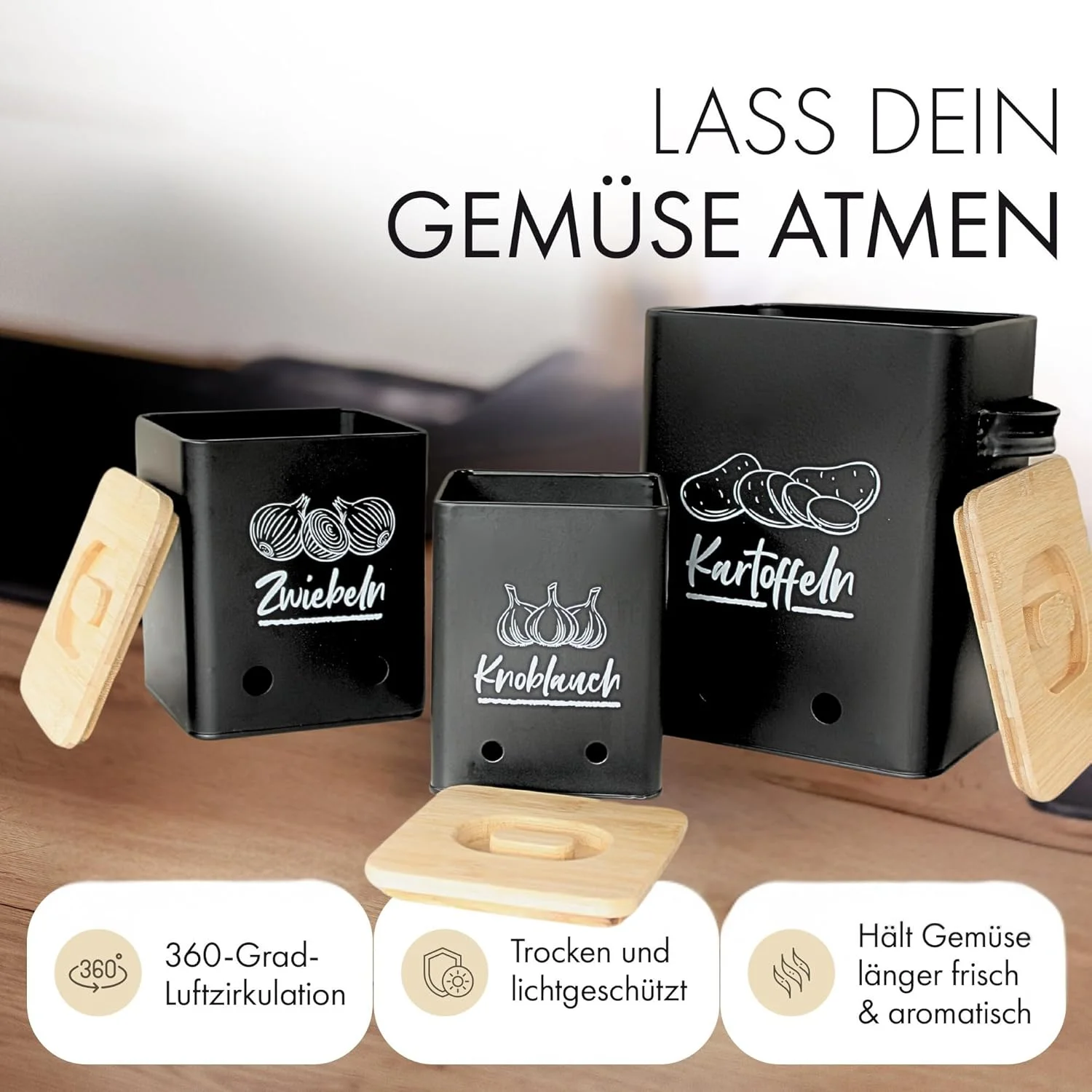 جعبه نگهداری سیب زمینی Lodgine® [مجموعه 3 عددی] - یک وسیله چشم نواز واقعی در آشپزخانه شما. - با این مجموعه ظروف نگهداری شیک نظم ایجاد کنید و الهام بخش دوستان و خانواده باشید... (مشکی)