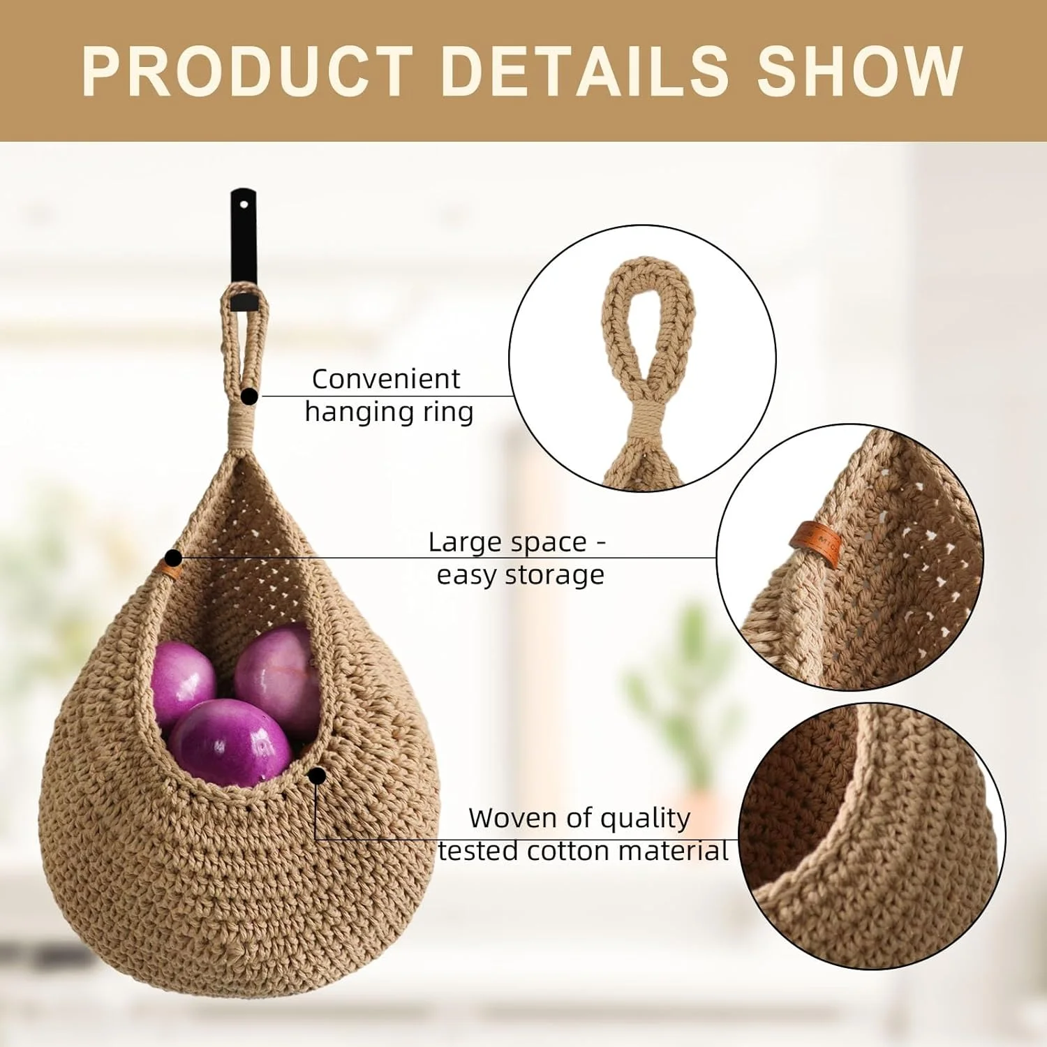 سبد میوه آویز LOCS MICRAI برای آشپزخانه - بسته 6 عددی سبد آویز دیواری بوهو، سبد میوه دیواری بافته شده با دست، برای سیر، سیب زمینی، پیاز، سبدهای آویز قطره اشکی برای نگهداری وسایل منزل (قهوه ای کلاسیک)