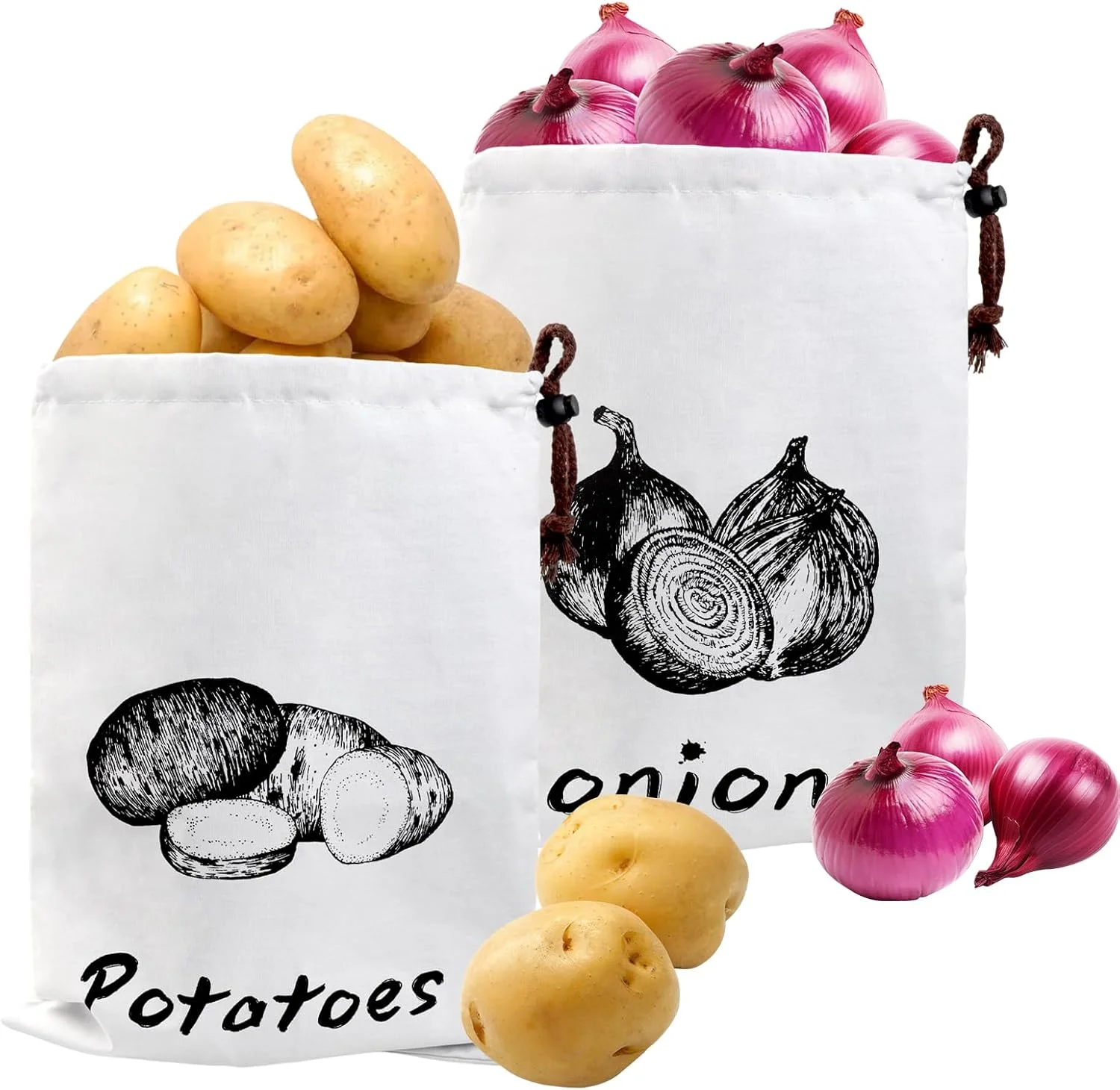 LLMSIX 2 عدد کیسه نگهداری پیاز، کیسه سیب زمینی، کیسه های قابل استفاده مجدد برای نگهداری سیب زمینی و پیاز با بند کشی، مناسب برای نگهداری سیر، پیاز و سیب زمینی در انبار، آشپزخانه و یخچال