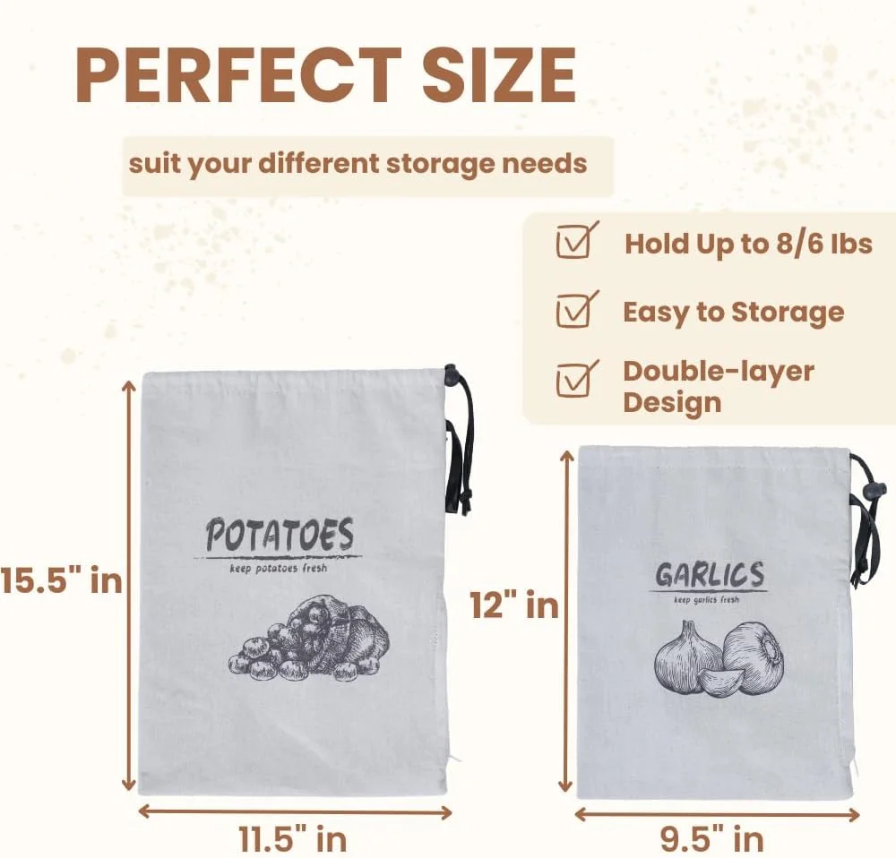 کیسه نگهداری سیب زمینی، پیاز و سیر LeCorner، کیسه نگهداری قابل استفاده مجدد سیب زمینی، پیاز و سیر برای انبار، کیسه های نگهداری سبزیجات با بند کشی، 3 عدد (کیسه سیب زمینی، پیاز و سیر)
