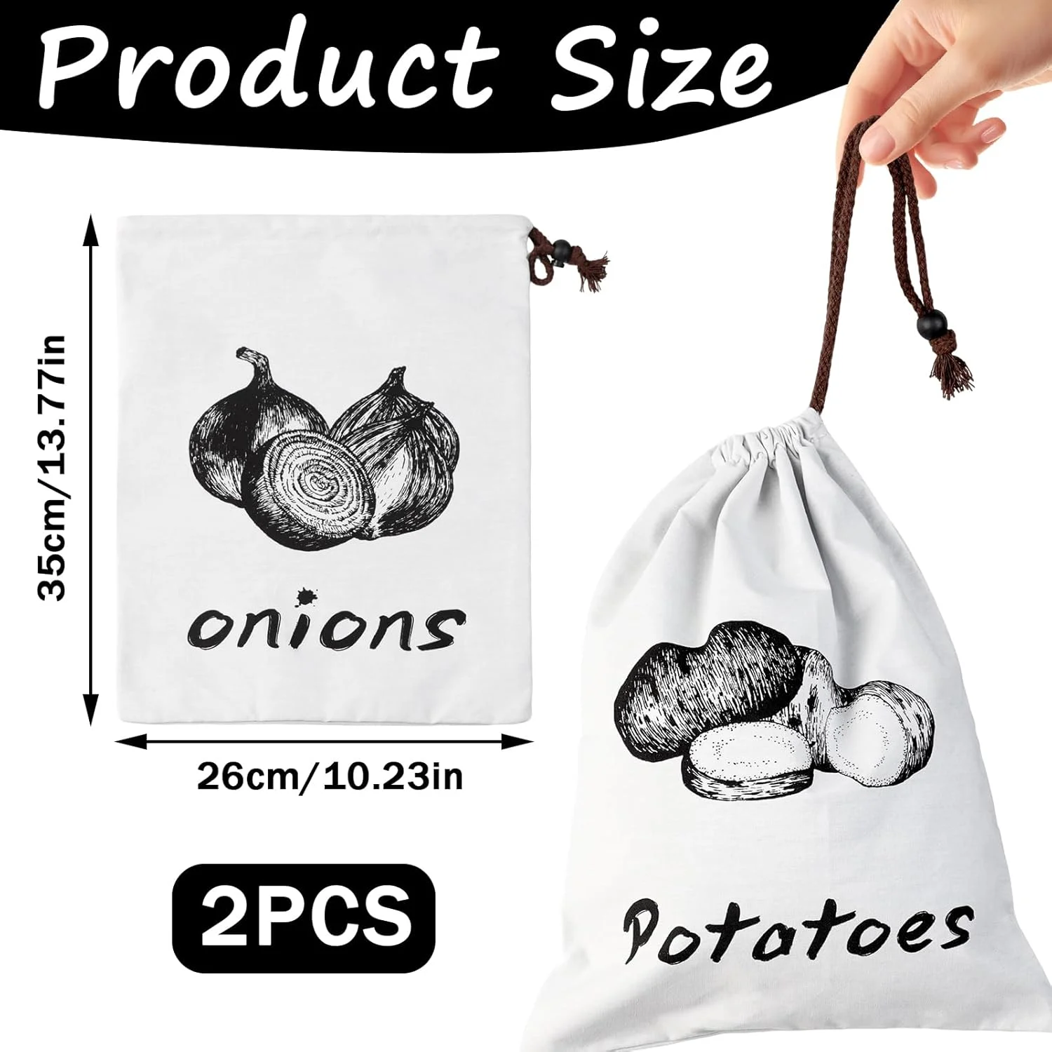 LLMSIX 2 عدد کیسه نگهداری پیاز، کیسه سیب زمینی، کیسه های قابل استفاده مجدد برای نگهداری سیب زمینی و پیاز با بند کشی، مناسب برای نگهداری سیر، پیاز و سیب زمینی در انبار، آشپزخانه و یخچال