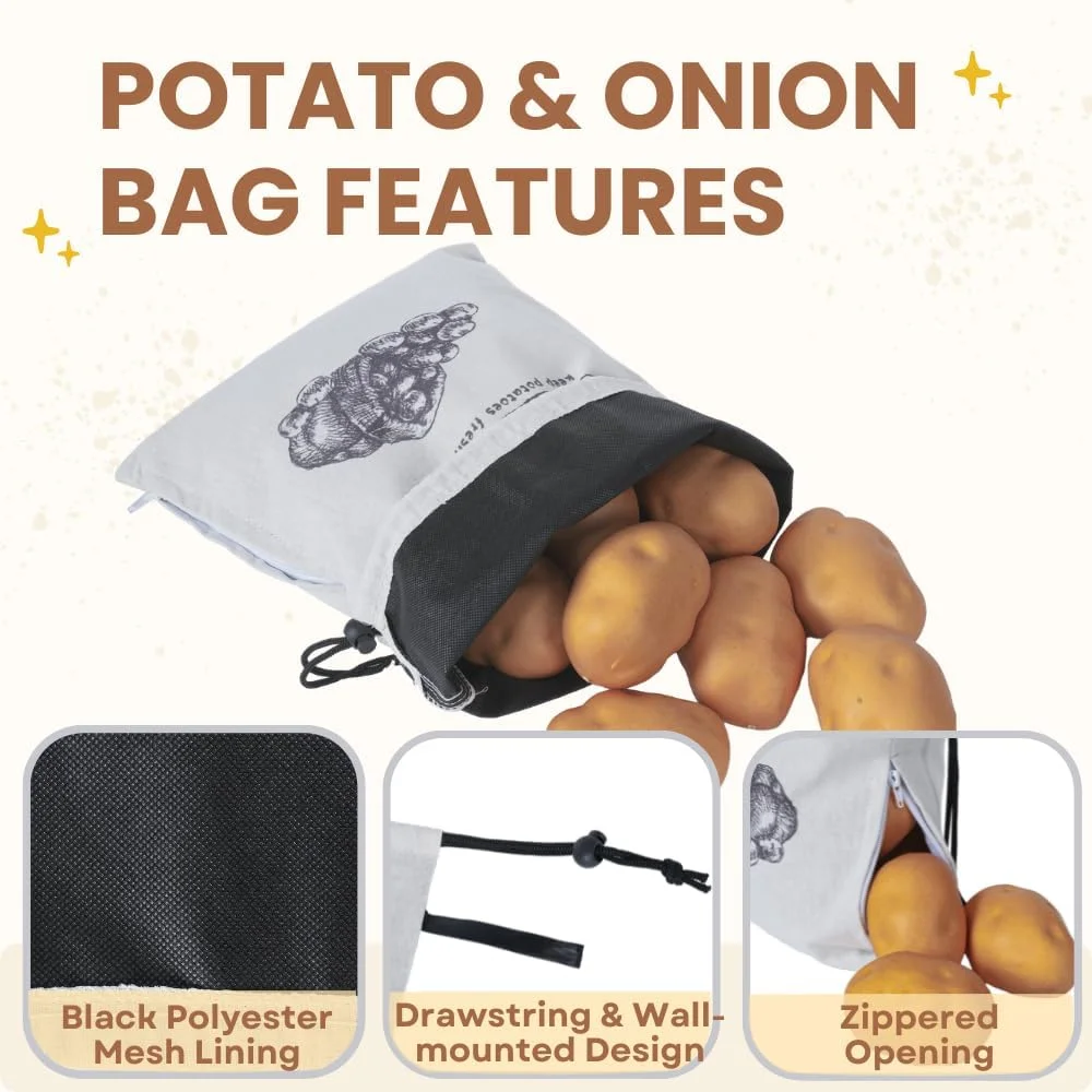 کیسه نگهداری سیب زمینی، پیاز و سیر LeCorner، کیسه نگهداری قابل استفاده مجدد سیب زمینی، پیاز و سیر برای انبار، کیسه های نگهداری سبزیجات با بند کشی، 3 عدد (کیسه سیب زمینی، پیاز و سیر)