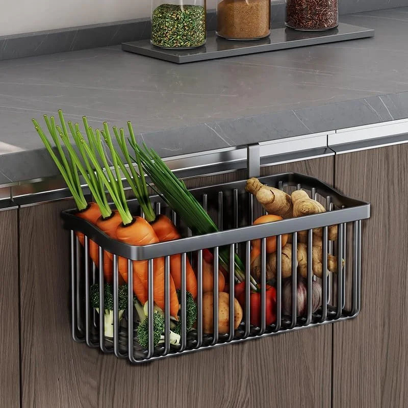 سبد میوه فلزی LecuSyn، بسته 2 عددی، سبد ذخیره سازی میوه و سبزیجات، مناسب برای نصب دیواری آشپزخانه، سازمان دهنده و محل نگهداری تنقلات، پیاز و سیب زمینی (مشکی)