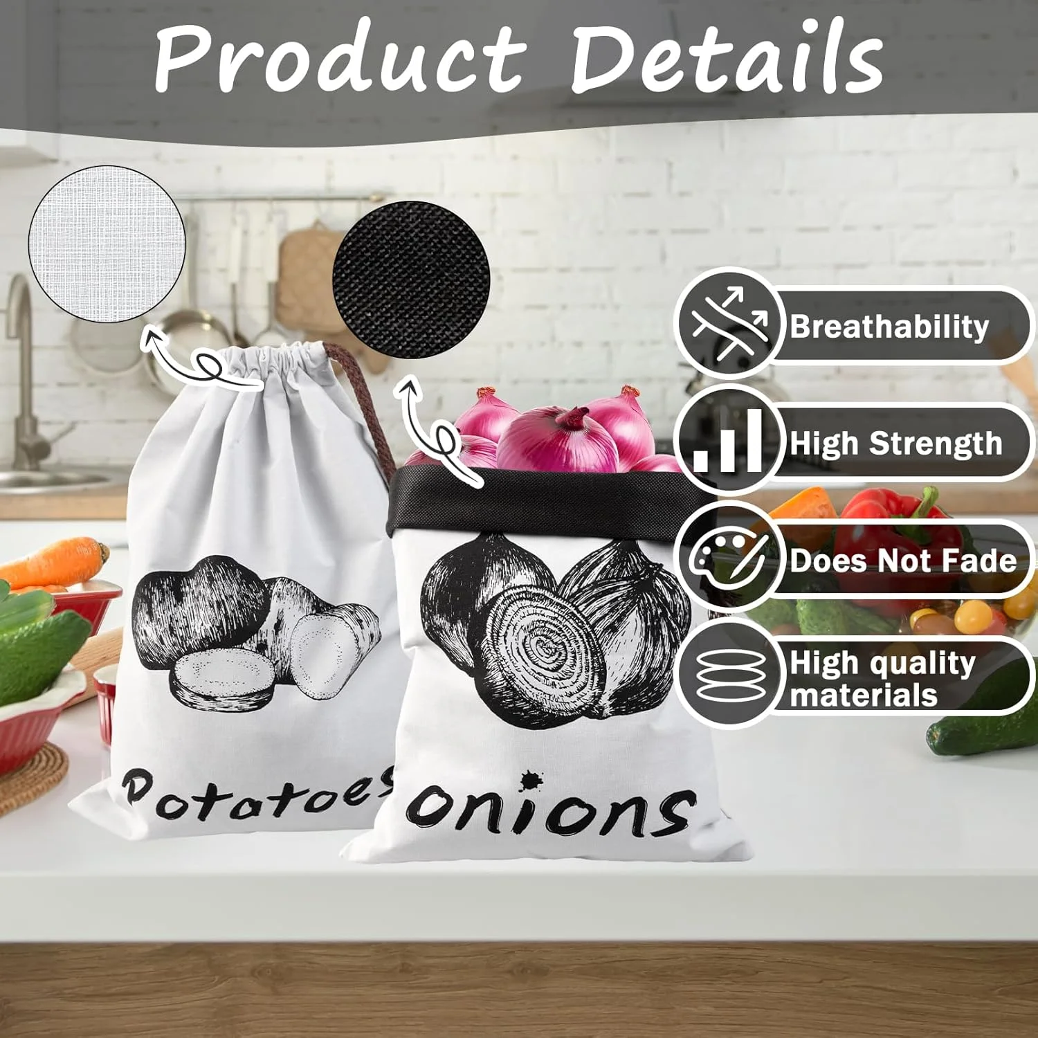 LLMSIX 2 عدد کیسه نگهداری پیاز، کیسه سیب زمینی، کیسه های قابل استفاده مجدد برای نگهداری سیب زمینی و پیاز با بند کشی، مناسب برای نگهداری سیر، پیاز و سیب زمینی در انبار، آشپزخانه و یخچال