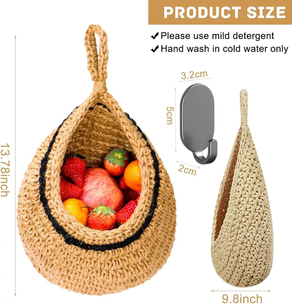 سبد آویز دیواری LAOJU به سبک بوهو، سبد آویز آشپزخانه، سبد نگهداری میوه و سبزیجات طرح قطره اشکی با قلاب، گلدان تزئینی، سبدهای آویز کنفی برای سازماندهی گوجه فرنگی، سیب زمینی و پیاز