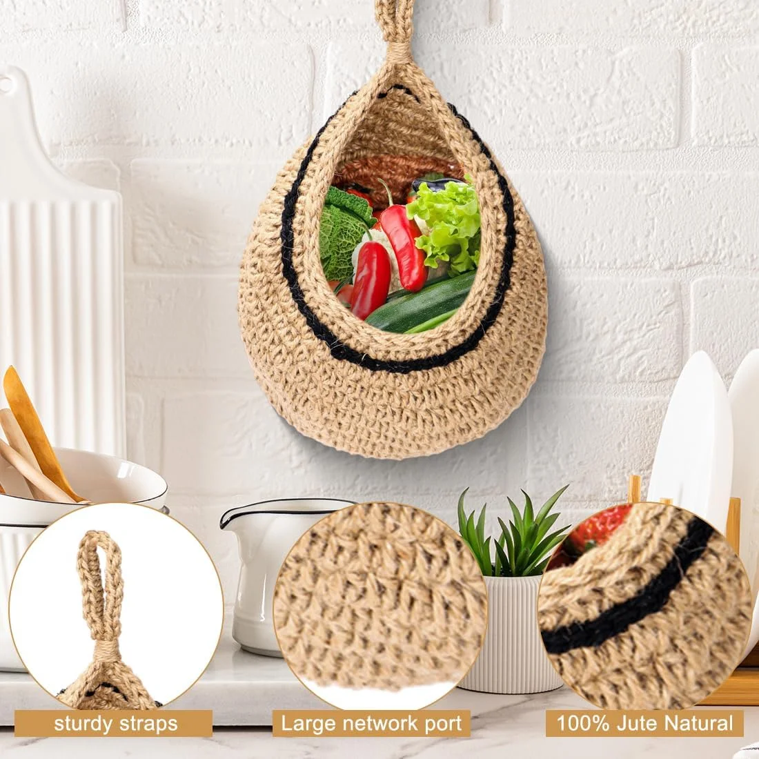 سبد آویز دیواری LAOJU به سبک بوهو، سبد آویز آشپزخانه، سبد نگهداری میوه و سبزیجات طرح قطره اشکی با قلاب، گلدان تزئینی، سبدهای آویز کنفی برای سازماندهی گوجه فرنگی، سیب زمینی و پیاز